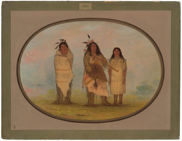 The image shows three individuals standing side by side on a grassy landscape. The central figure is holding a stick and wearing a garment with intricate patterns. They have long hair with feathers, a prominent nose, and full lips. The person on the left is wrapped in a patterned robe and has feathers in their hair. The individual on the right wears a fringed dress with circular patterns, long flowing hair, and a steady gaze. All three wear wrist bands or bracelets. The background has soft pastel hues depicting a sky and earthy tones for the surroundings.