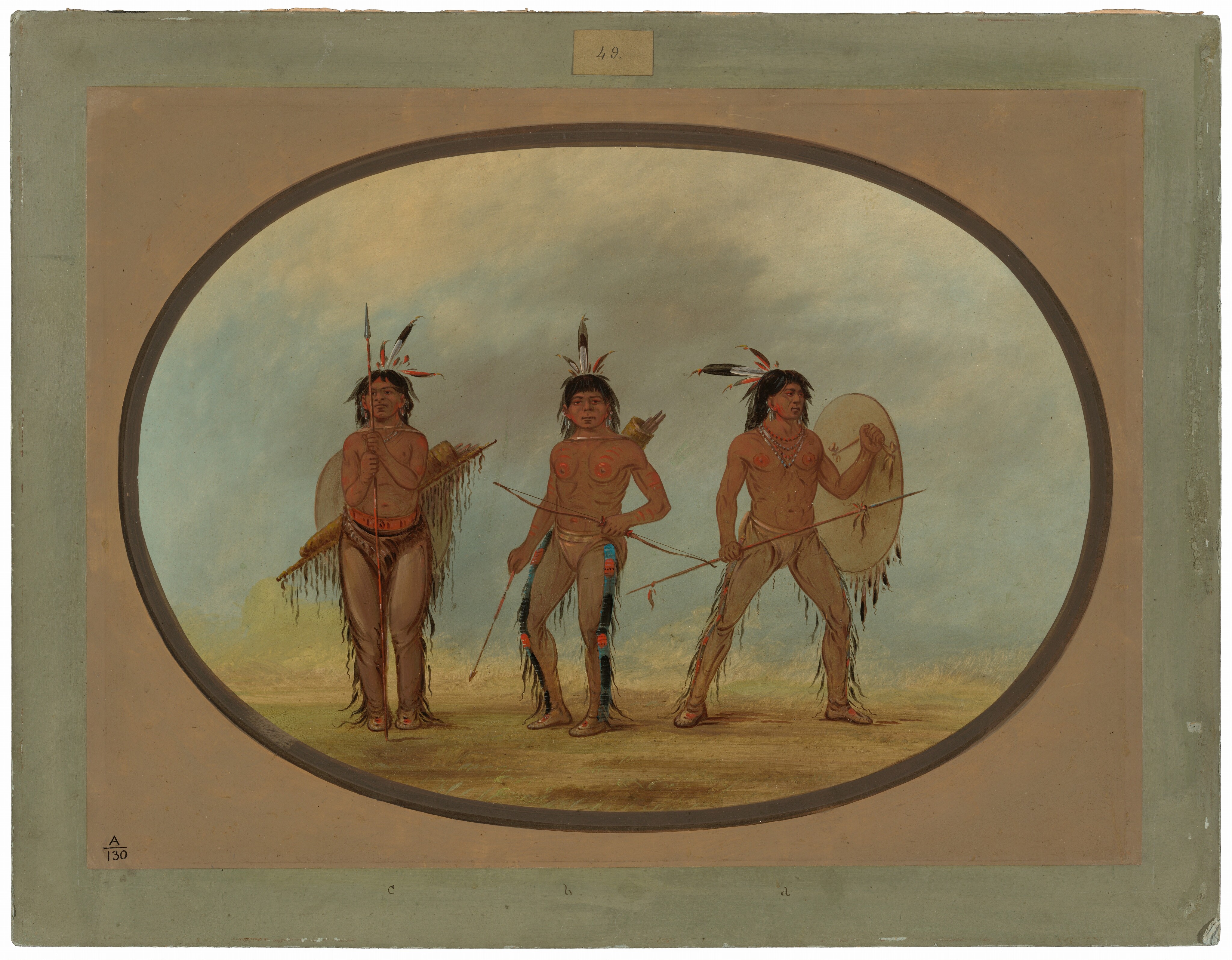 The image shows three men standing in full-length positions. They are facing forward, with two standing in neutral poses and the man in the center in a more dynamic stance. All three men have long dark hair with feathers in their hairstyles and strong facial features with prominent cheekbones. They are wearing traditional indigenous clothing with minimal coverage and decorative elements like body paint. The men are carrying cultural objects: a bow, shields, and quivers with arrows. They also wear jewelry such as necklaces. The background features an outdoor setting with an earthy ground and a sky transitioning from blue to a light cloudy hue.