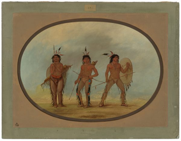 The image shows three men standing in full-length positions. They are facing forward, with two standing in neutral poses and the man in the center in a more dynamic stance. All three men have long dark hair with feathers in their hairstyles and strong facial features with prominent cheekbones. They are wearing traditional indigenous clothing with minimal coverage and decorative elements like body paint. The men are carrying cultural objects: a bow, shields, and quivers with arrows. They also wear jewelry such as necklaces. The background features an outdoor setting with an earthy ground and a sky transitioning from blue to a light cloudy hue.