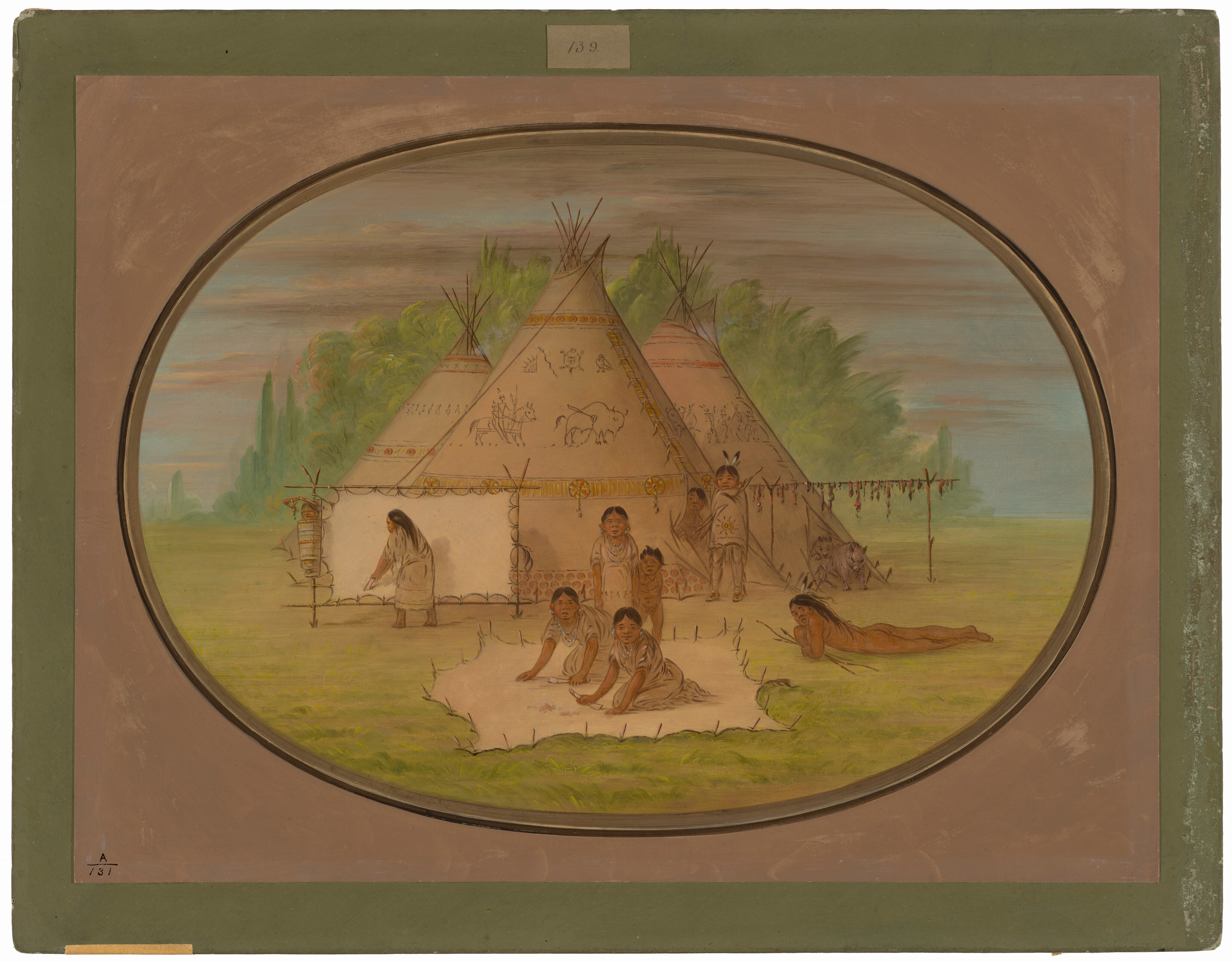 This is a painting of a camp with tipis. The image shows several conical tents made of animal hide, supported on wooden poles. The tipis are decorated with symbols and designs. In front of the tipis, there is a group of people engaged in different activities. The scene is set in an open grassy area with trees in the background under a sky with a mixture of blue and subtle cloud cover. A horizontal pole runs in front of the tipis. The colors used are earth tones. The overall style is detailed and illustrative.