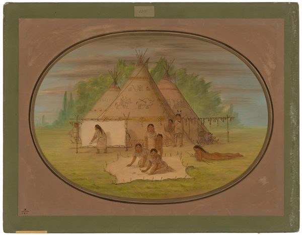 This is a painting of a camp with tipis. The image shows several conical tents made of animal hide, supported on wooden poles. The tipis are decorated with symbols and designs. In front of the tipis, there is a group of people engaged in different activities. The scene is set in an open grassy area with trees in the background under a sky with a mixture of blue and subtle cloud cover. A horizontal pole runs in front of the tipis. The colors used are earth tones. The overall style is detailed and illustrative.