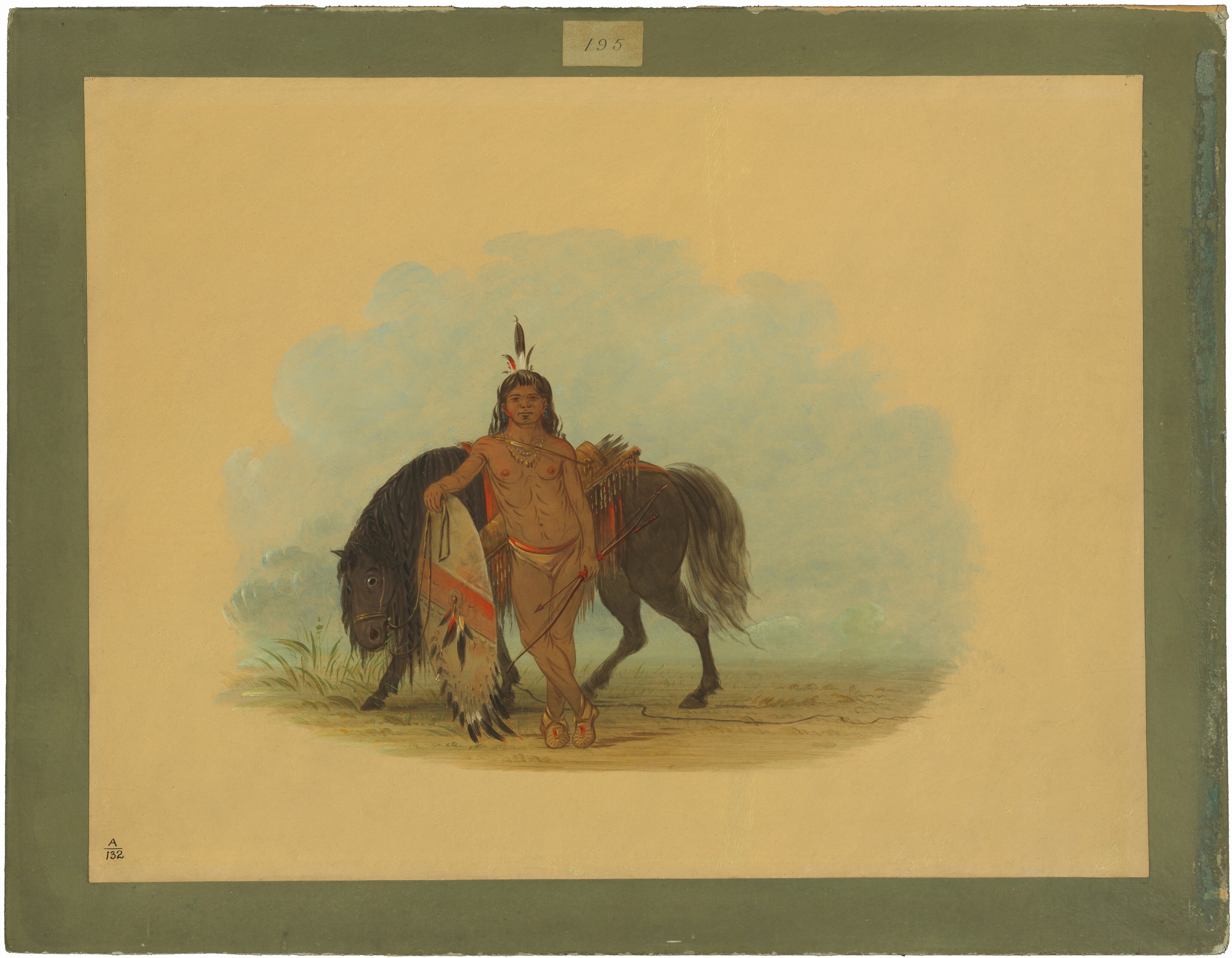 The image depicts a person standing beside a black horse. The person has long dark hair with feathers, wearing skin trousers, moccasins, a quiver, and a bow slung across their back. They also have a blanket on the horse, a necklace, and a bracelet. The horse is decorated with a colorful cloth and feathers. The background shows an open landscape with a pale blue sky and light foliage on flat terrain.
