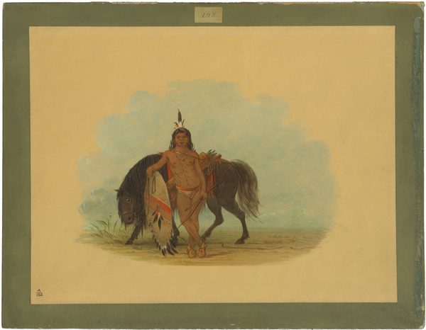 The image depicts a person standing beside a black horse. The person has long dark hair with feathers, wearing skin trousers, moccasins, a quiver, and a bow slung across their back. They also have a blanket on the horse, a necklace, and a bracelet. The horse is decorated with a colorful cloth and feathers. The background shows an open landscape with a pale blue sky and light foliage on flat terrain.