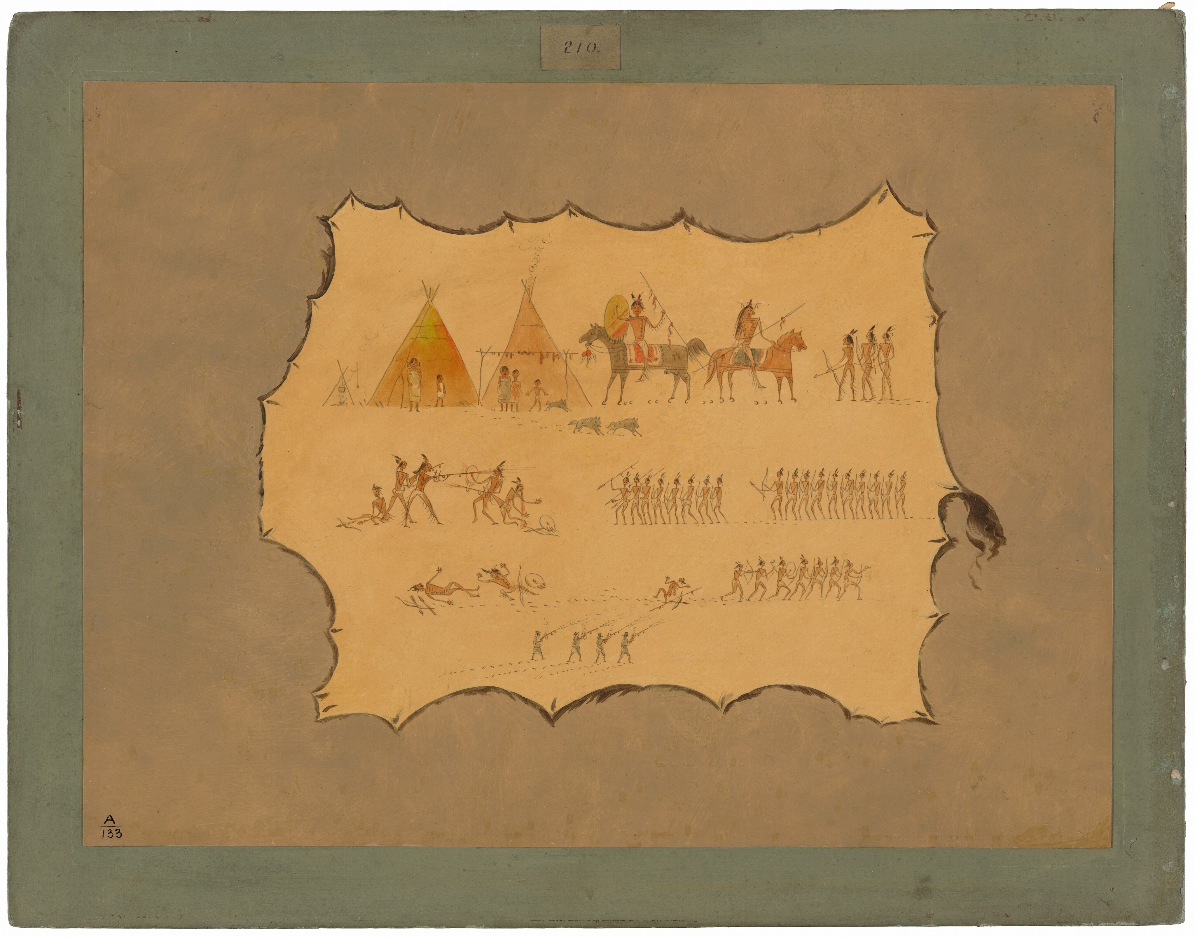 This is a painting of scenes depicting Indigenous life and warfare. The imagery is composed within a textured border resembling an animal hide or parchment. The upper left shows two teepees with small human figures nearby, including some on horseback engaged in different activities. To the right, figures on horses are in conversation with a group standing close by. Below, figures seem to be interacting or struggling, with some mounted and others on foot. In the middle, two rows of figures appear to be marching or moving in a procession. At the bottom, groups are seen in a dance or ritual, depicted with dynamic postures. The background and border maintain an earthy, muted color palette, giving an aged or historical appearance. This is in the style of James Otto Lewis, known for documenting Native American cultures and scenes during the 19th century.