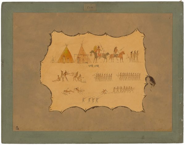 This is a painting of scenes depicting Indigenous life and warfare. The imagery is composed within a textured border resembling an animal hide or parchment. The upper left shows two teepees with small human figures nearby, including some on horseback engaged in different activities. To the right, figures on horses are in conversation with a group standing close by. Below, figures seem to be interacting or struggling, with some mounted and others on foot. In the middle, two rows of figures appear to be marching or moving in a procession. At the bottom, groups are seen in a dance or ritual, depicted with dynamic postures. The background and border maintain an earthy, muted color palette, giving an aged or historical appearance. This is in the style of James Otto Lewis, known for documenting Native American cultures and scenes during the 19th century.