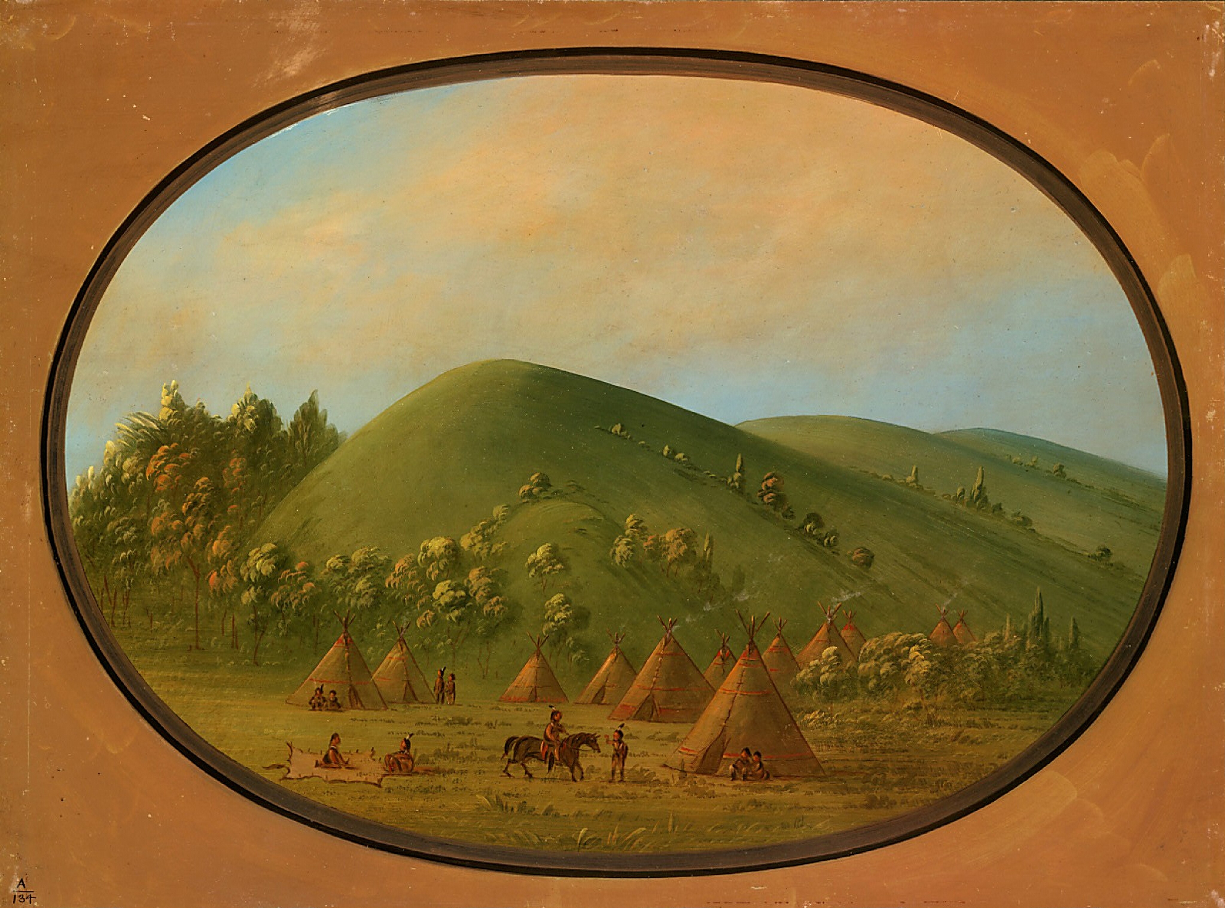The image shows a landscape scene framed in an oval shape. The view includes a native encampment with conical structures scattered across a grassy field. A hill in the background slopes gently upwards towards the horizon. The painting features smooth brushstrokes and realistic yet softly idealized vegetation and sky. The color palette consists of warm greens, browns, and earthy tones for the land, while the sky transitions from light blue to soft peach. In the distance, gentle hills fade into the background under a tranquil sky. The oval frame and muted border add to the serene quality of the scene.