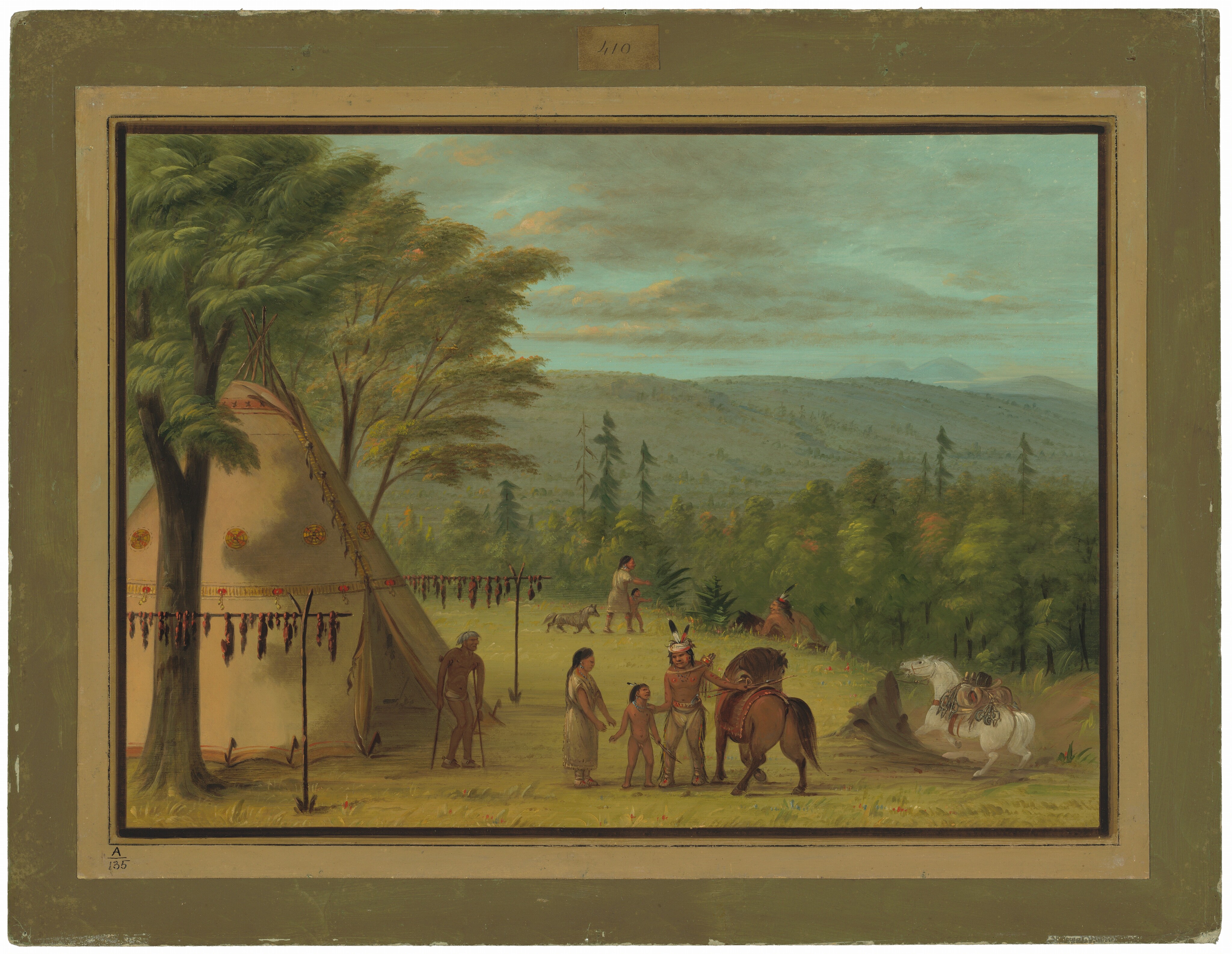The image shows a landscape with trees, hills, and mountains under a partly cloudy sky. In the foreground, there is a tipi surrounded by figures dressed in traditional attire interacting with a horse. More figures and animals are spread throughout the scene. The painting has smooth brushstrokes and detailed elements, with tones of green, brown, blue, and white dominating.