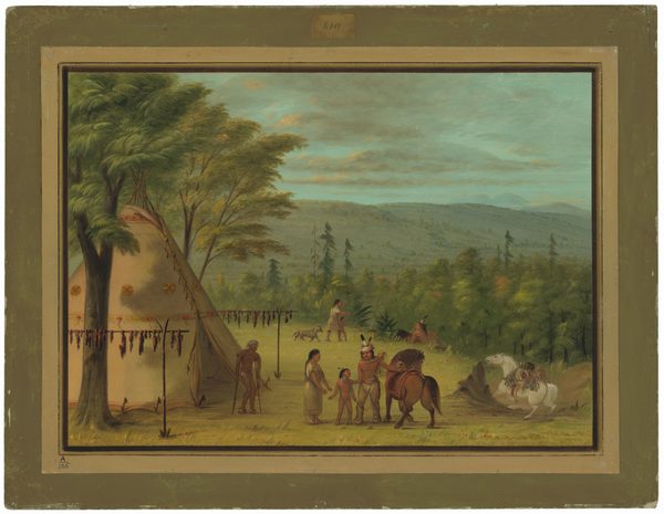 The image shows a landscape with trees, hills, and mountains under a partly cloudy sky. In the foreground, there is a tipi surrounded by figures dressed in traditional attire interacting with a horse. More figures and animals are spread throughout the scene. The painting has smooth brushstrokes and detailed elements, with tones of green, brown, blue, and white dominating.