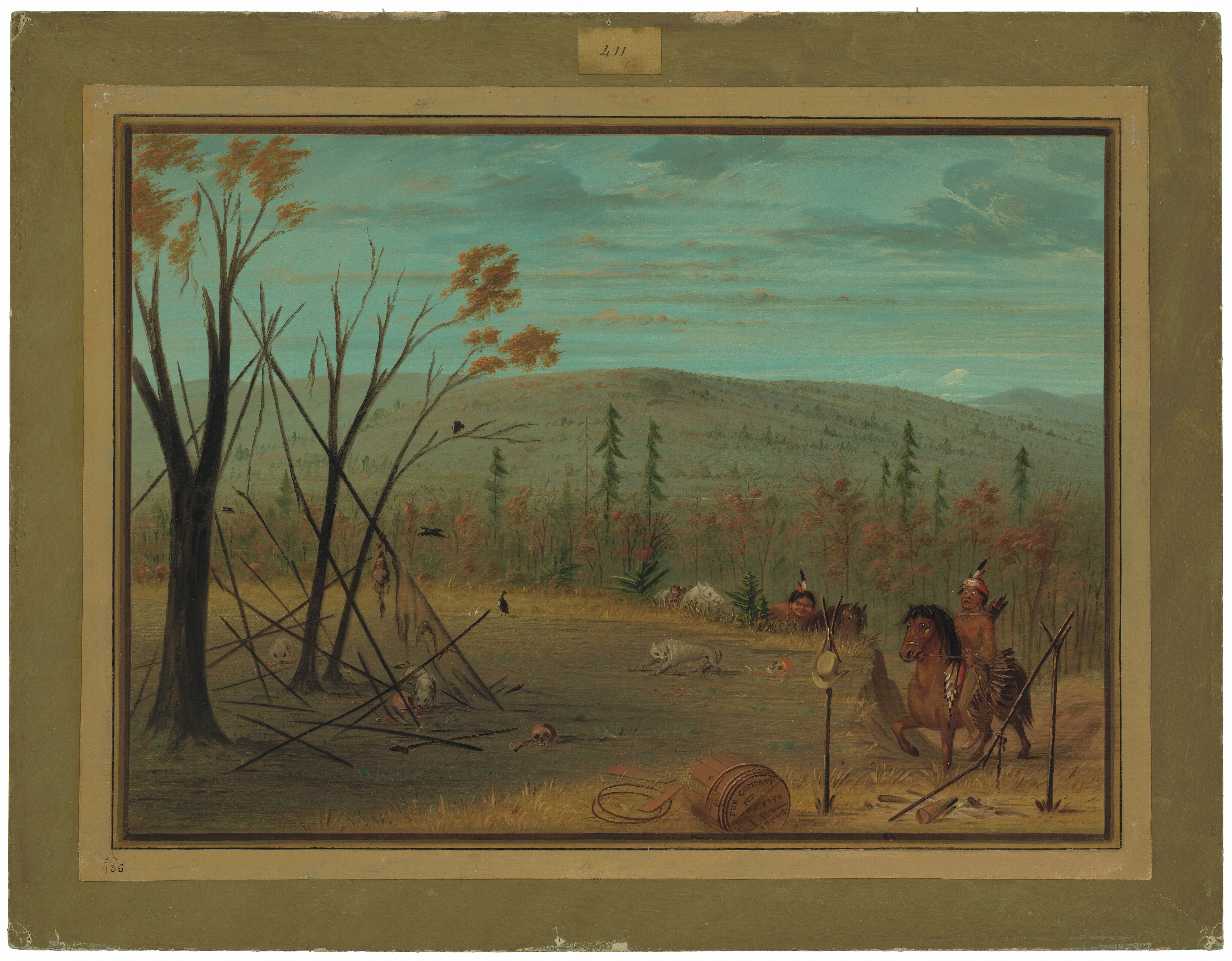 The image shows a landscape with broken tree trunks and poles in the foreground, suggesting remnants of a structure. In the distance, there are hills with scattered trees under a sky with clouds. Birds are flying among the trees. Several figures on horseback are gesturing and pointing towards something, appearing to be in motion through the grassy terrain. The scene is depicted with smooth brushstrokes and a color palette of earthy tones, balanced by the soft blue sky.