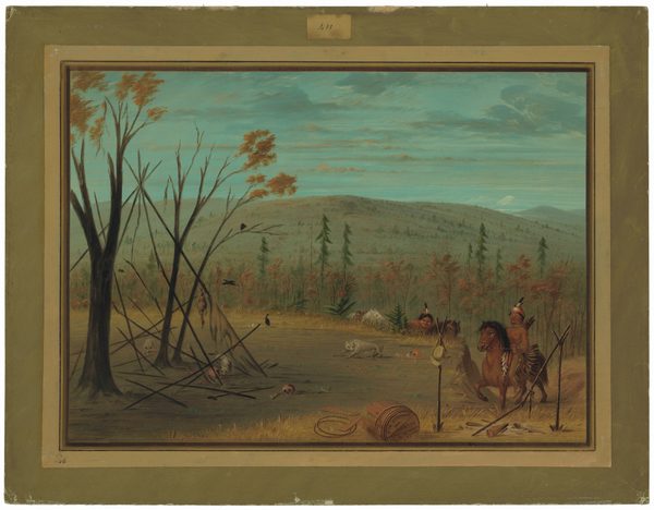 The image shows a landscape with broken tree trunks and poles in the foreground, suggesting remnants of a structure. In the distance, there are hills with scattered trees under a sky with clouds. Birds are flying among the trees. Several figures on horseback are gesturing and pointing towards something, appearing to be in motion through the grassy terrain. The scene is depicted with smooth brushstrokes and a color palette of earthy tones, balanced by the soft blue sky.