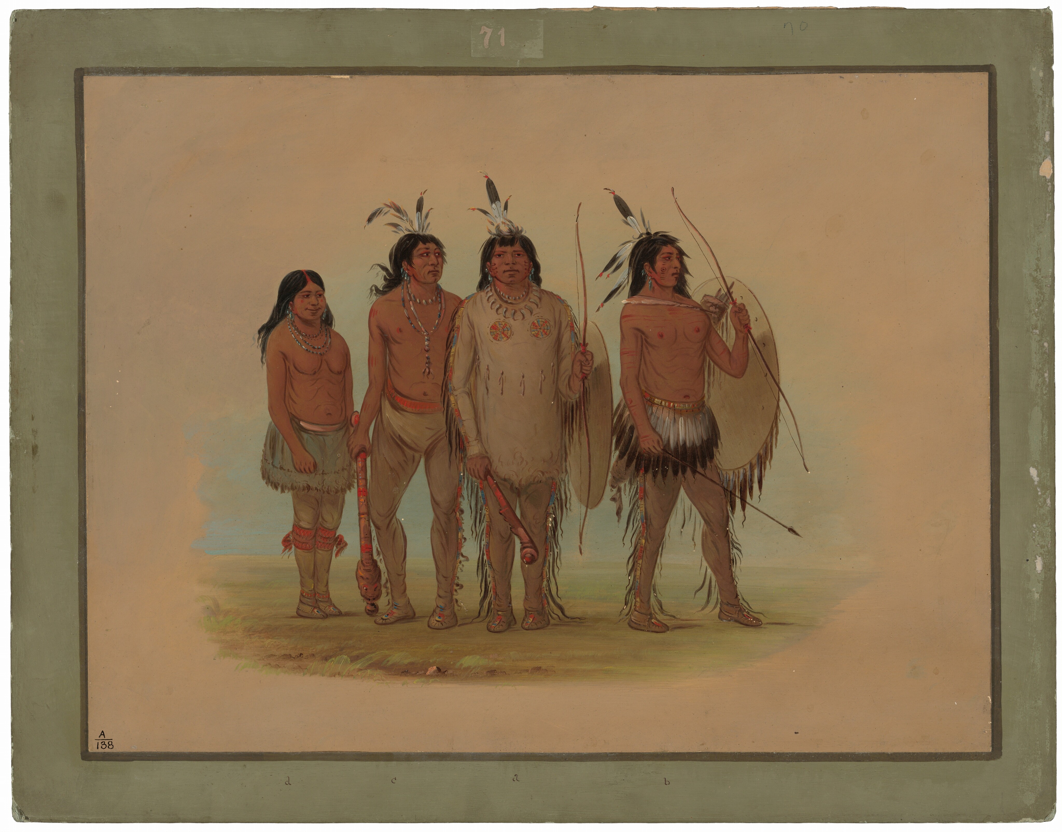 The image shows four people standing in a row. The first person on the left wears a knee-length skirt and necklaces. The next person has long dark hair, wears arm and neck bands, and holds a weapon. The third person has hair with feathers, wears a tasseled and beaded outfit, and holds a club. The fourth person has long, dark hair with a feather, carries a bow and arrow, and has a shield. All individuals are barefoot and wear fringed garments. The background is a neutral color with hints of green.