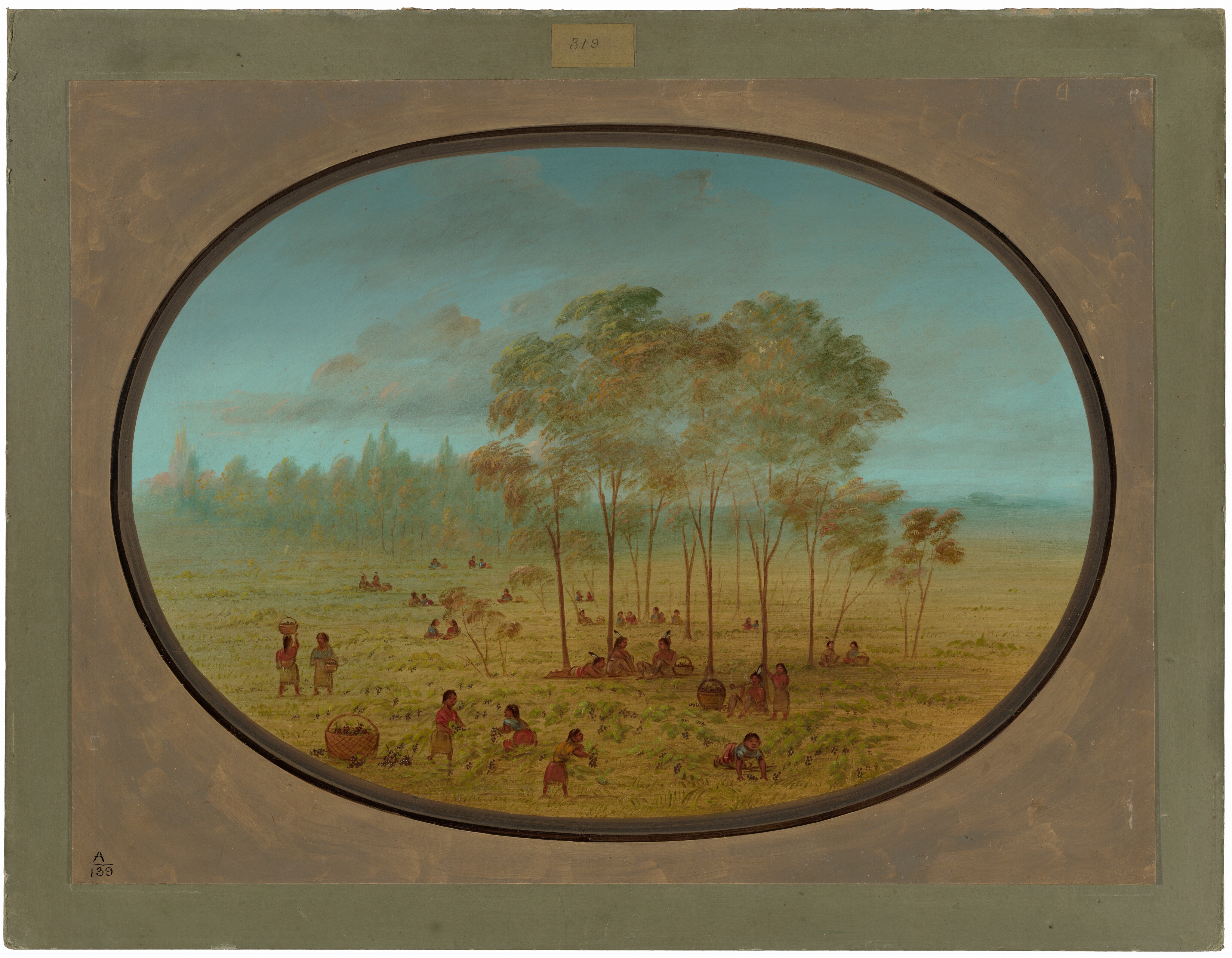 The image depicts a pastoral scene from an elevated viewpoint, showing a sunlit landscape with people engaged in various activities. The horizon meets a calm, clear sky with soft blues and tinted clouds. Tall trees, detailed with textured brushstrokes, stand at the center. The color palette is warm and earthy, dominated by greens, browns, and yellows. In the distance, a line of faded trees leads the eye to the horizon, creating a serene atmosphere that captures the simplicity of rural life.