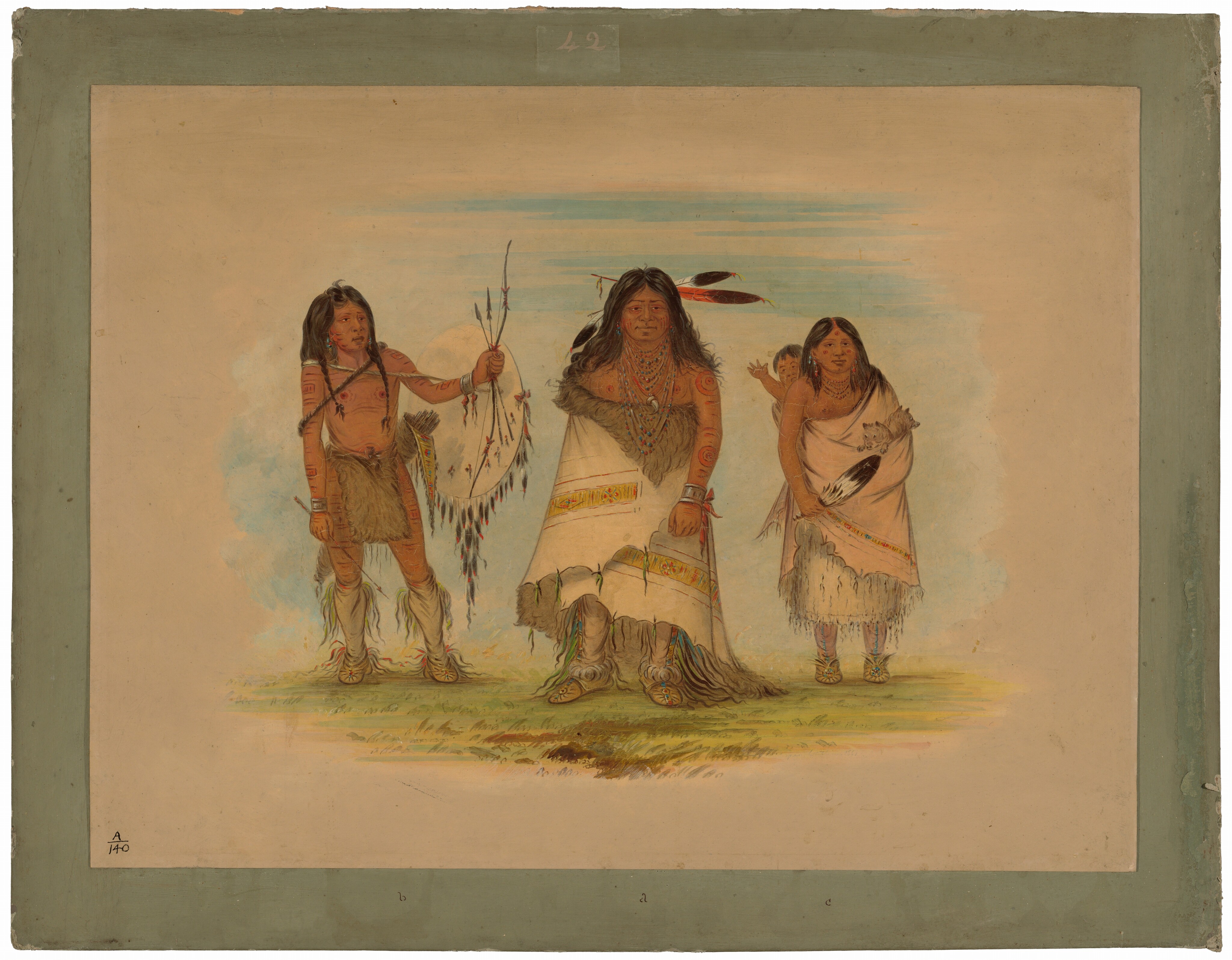 Three individuals are standing on a grassy area. The person on the left is holding a bow and shield with feathers, wearing a fringed garment and tall moccasins. In the center, a person with long dark hair and a richly decorated robe stands. On the right, a person with a child on their back wears a fringed dress and holds a feathered object. The background is a light-colored backdrop with a hint of blue.