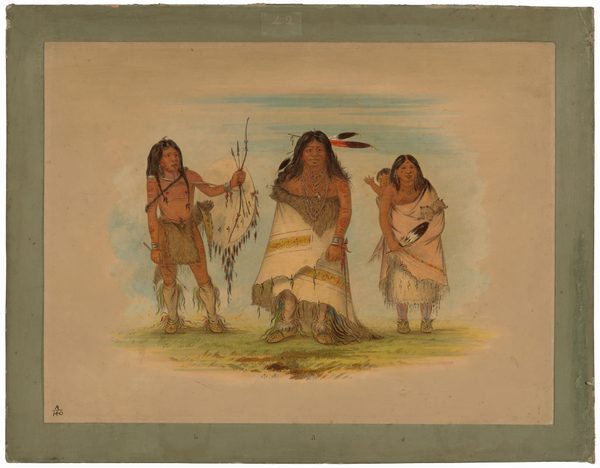 Three individuals are standing on a grassy area. The person on the left is holding a bow and shield with feathers, wearing a fringed garment and tall moccasins. In the center, a person with long dark hair and a richly decorated robe stands. On the right, a person with a child on their back wears a fringed dress and holds a feathered object. The background is a light-colored backdrop with a hint of blue.