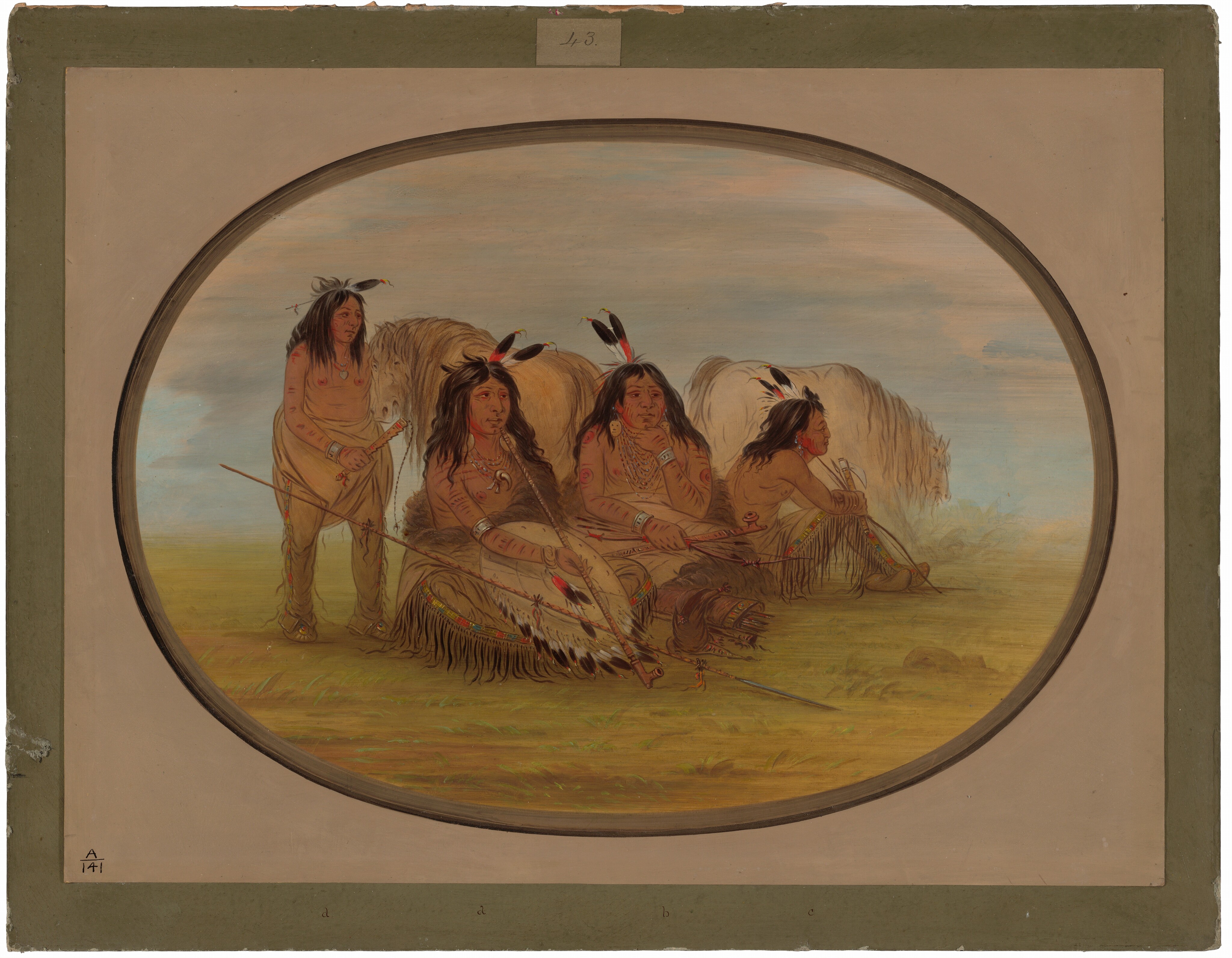 The image shows four individuals, three seated on the ground and one standing slightly to the left. They are shown from head to toe. The seated individuals are positioned side by side on what appears to be animal hides or garments, while the standing person holds a bow. They have dark hair adorned with feathers and wear traditional clothing with patterns, fringed elements, and body paint. The person on the left has a sash across their chest. Two white horses are positioned behind them. The scene is set on a grassy plain with a light blue sky in the background.