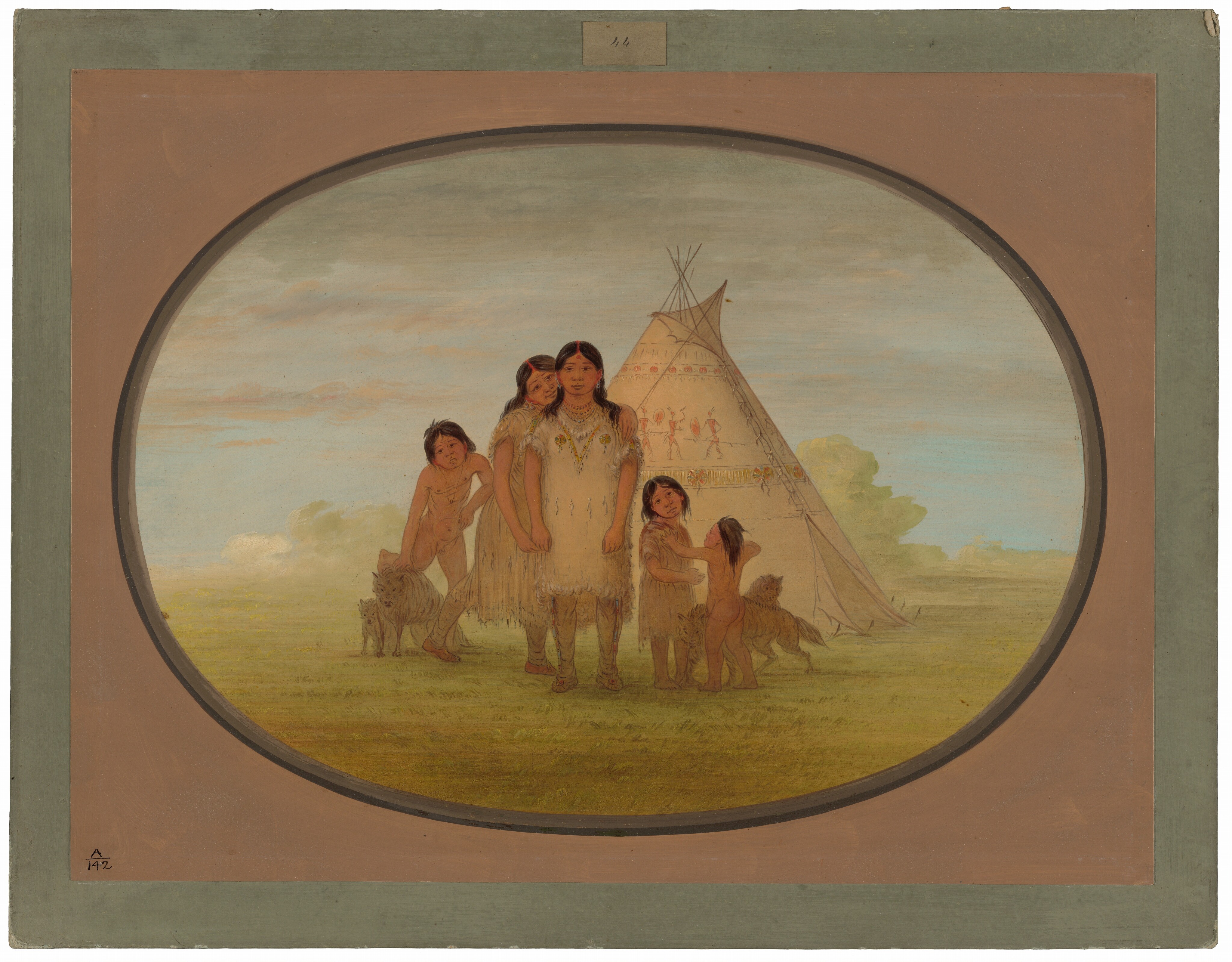 The image shows five individuals standing in front of a tepee. An adult woman is at the center, flanked by two young boys. Another child is partly hidden behind the woman. To the right, a small child interacts with a dog. The group stands in a grassy area under a sky with soft clouds, near a decorated tepee.