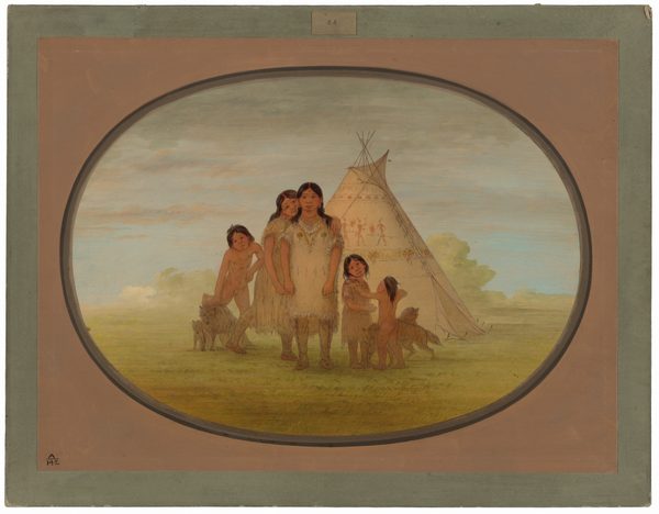 The image shows five individuals standing in front of a tepee. An adult woman is at the center, flanked by two young boys. Another child is partly hidden behind the woman. To the right, a small child interacts with a dog. The group stands in a grassy area under a sky with soft clouds, near a decorated tepee.