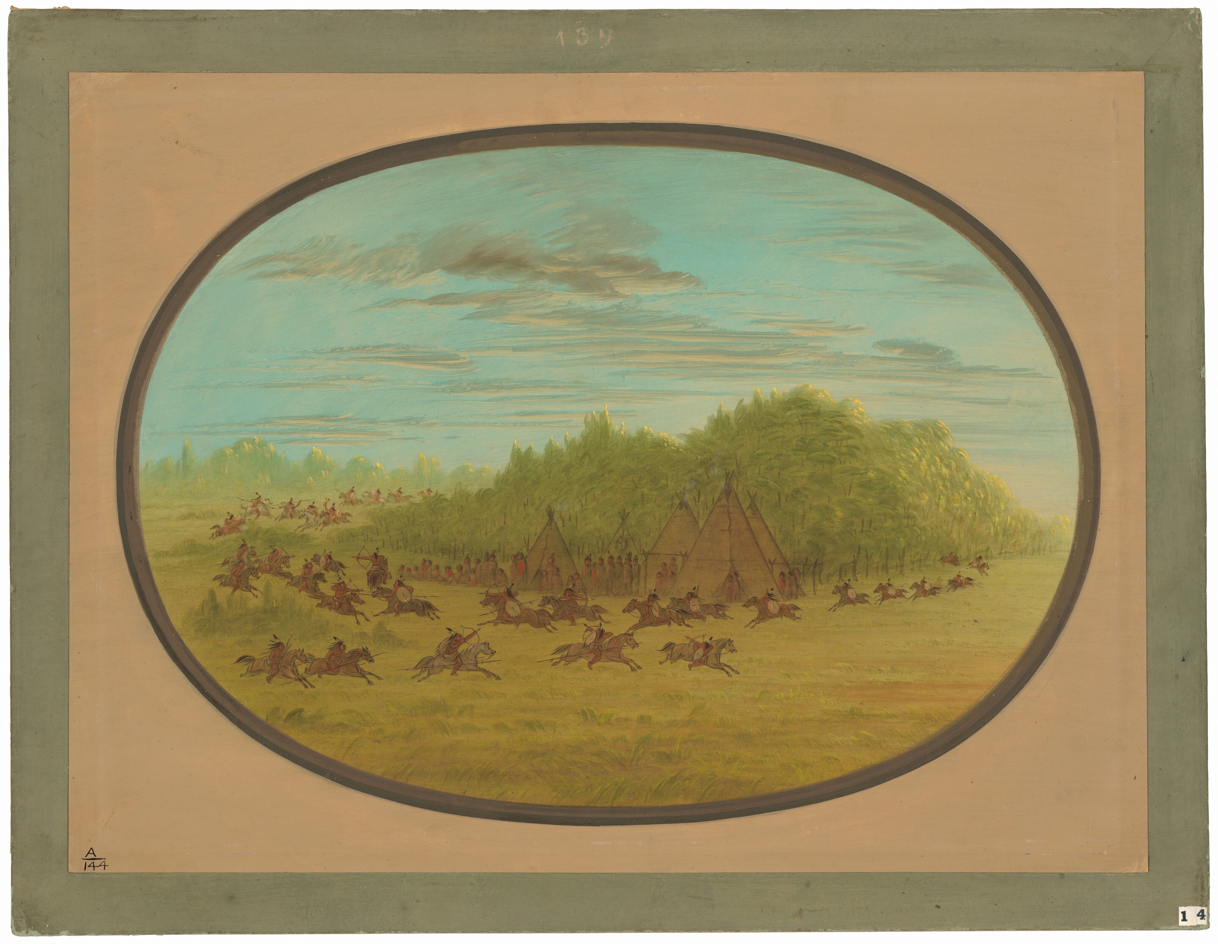 The image shows a group of individuals on horseback in a lively scene. The sky meets a line of trees, with teepees nestled within them. The brushstrokes are detailed, with precise lines defining the horses and riders. The sky has blue and gray hues with clouds. The grassy terrain is depicted in green and yellow tones.