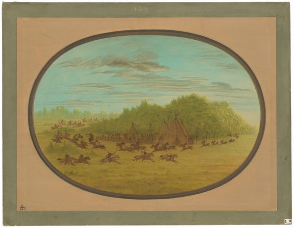 The image shows a group of individuals on horseback in a lively scene. The sky meets a line of trees, with teepees nestled within them. The brushstrokes are detailed, with precise lines defining the horses and riders. The sky has blue and gray hues with clouds. The grassy terrain is depicted in green and yellow tones.