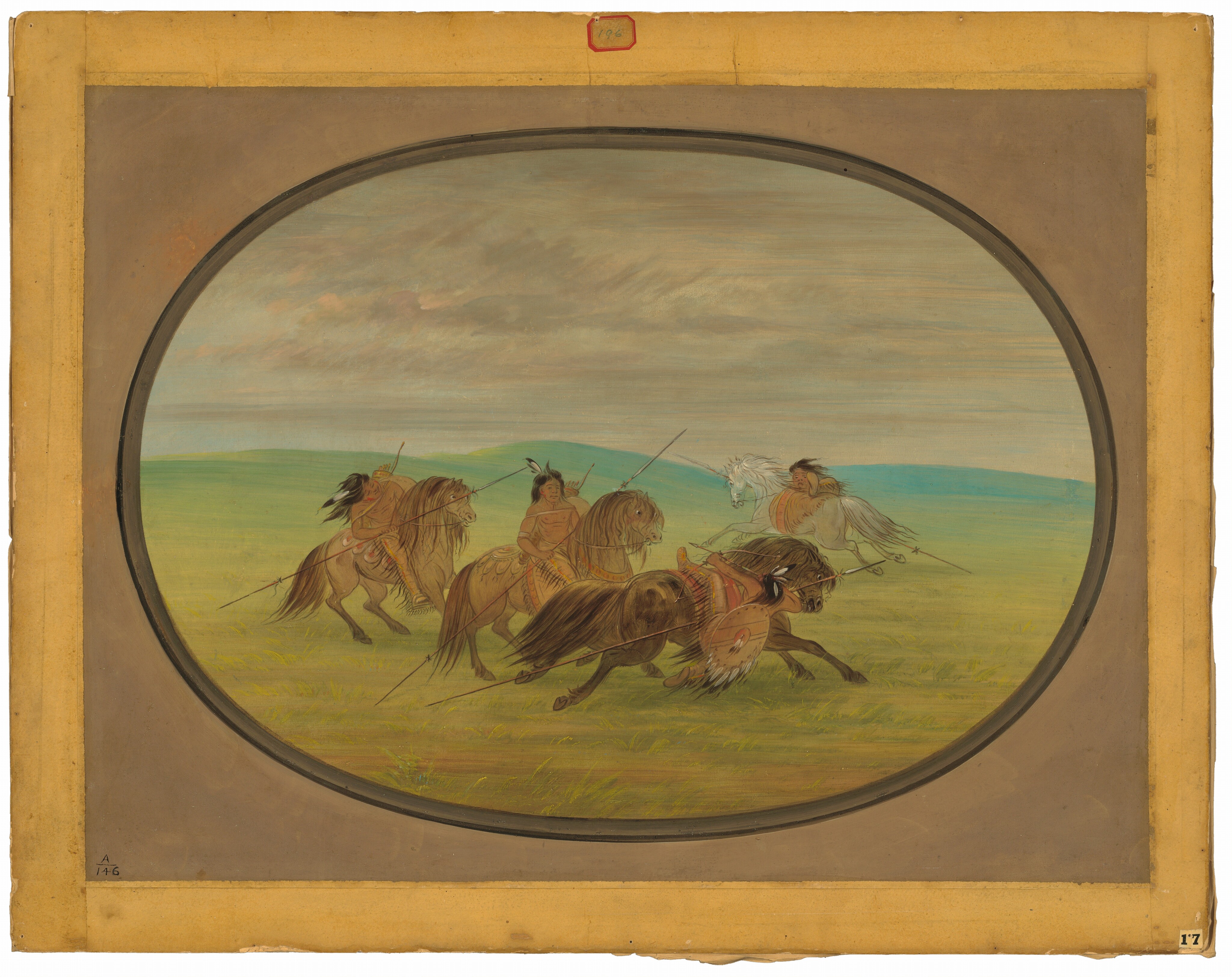The image shows a group of individuals on horseback in a landscape with hills in the distance. The perspective is from above, providing a panoramic view of the scene. The horizon is positioned a third of the way down from the top, dividing the land from the sky. The painting features detailed brushstrokes capturing the motion of the horses and riders. The color palette includes earthy tones with bright accents. The scene conveys movement and interaction between the riders and their surroundings.