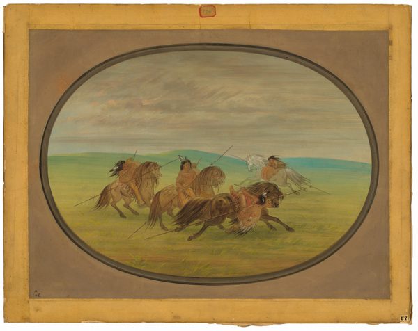 The image shows a group of individuals on horseback in a landscape with hills in the distance. The perspective is from above, providing a panoramic view of the scene. The horizon is positioned a third of the way down from the top, dividing the land from the sky. The painting features detailed brushstrokes capturing the motion of the horses and riders. The color palette includes earthy tones with bright accents. The scene conveys movement and interaction between the riders and their surroundings.