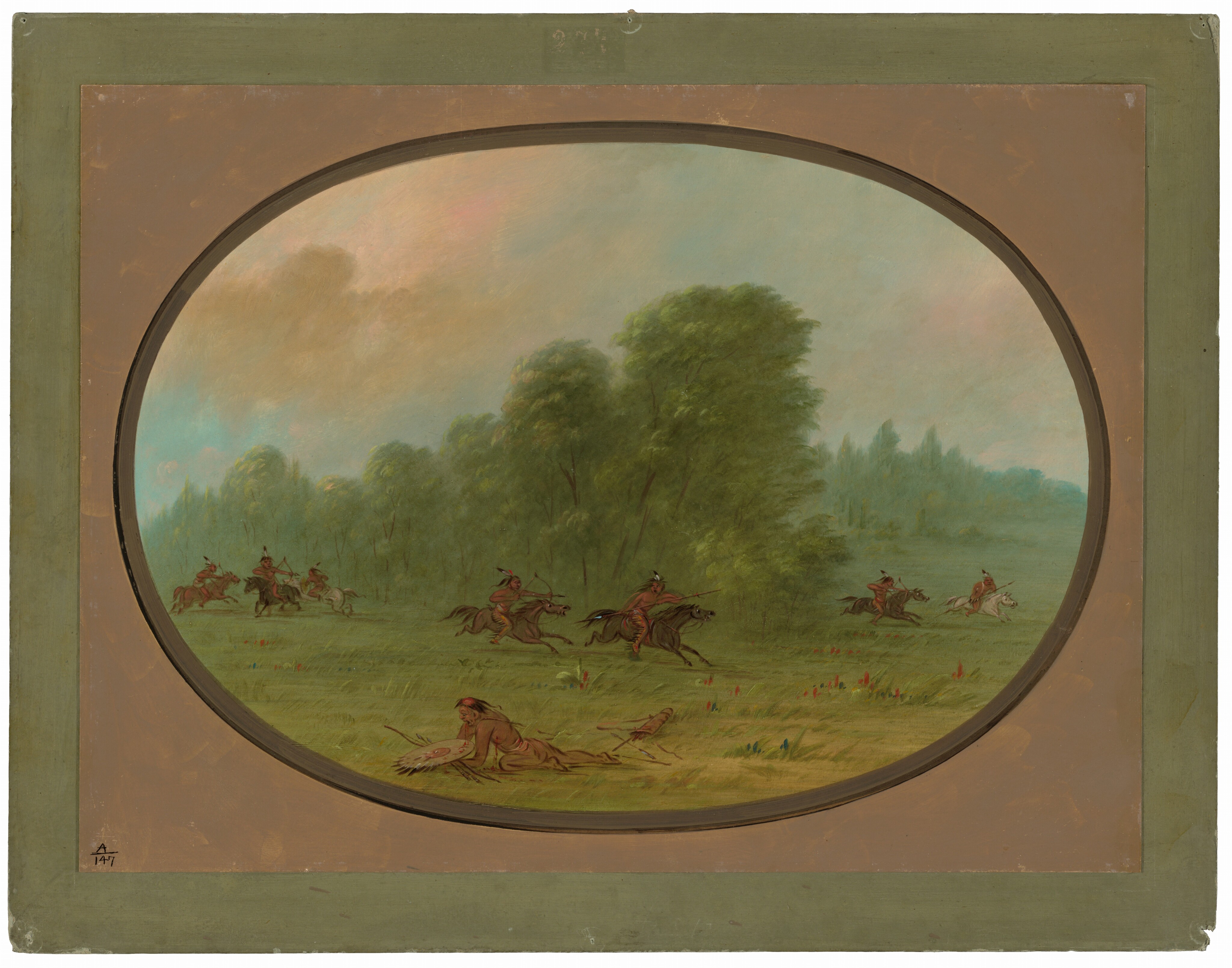 The image shows a person lying on the grass reaching out toward an object, while others on horses gallop across a grassy expanse. In the background, there are trees and a sky painted with soft colors. The color palette includes natural tones, with greens, browns, and various colored cloaks worn by the figures.