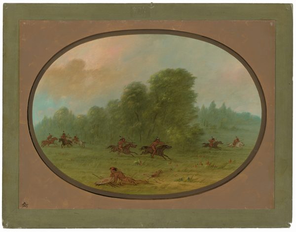 The image shows a person lying on the grass reaching out toward an object, while others on horses gallop across a grassy expanse. In the background, there are trees and a sky painted with soft colors. The color palette includes natural tones, with greens, browns, and various colored cloaks worn by the figures.