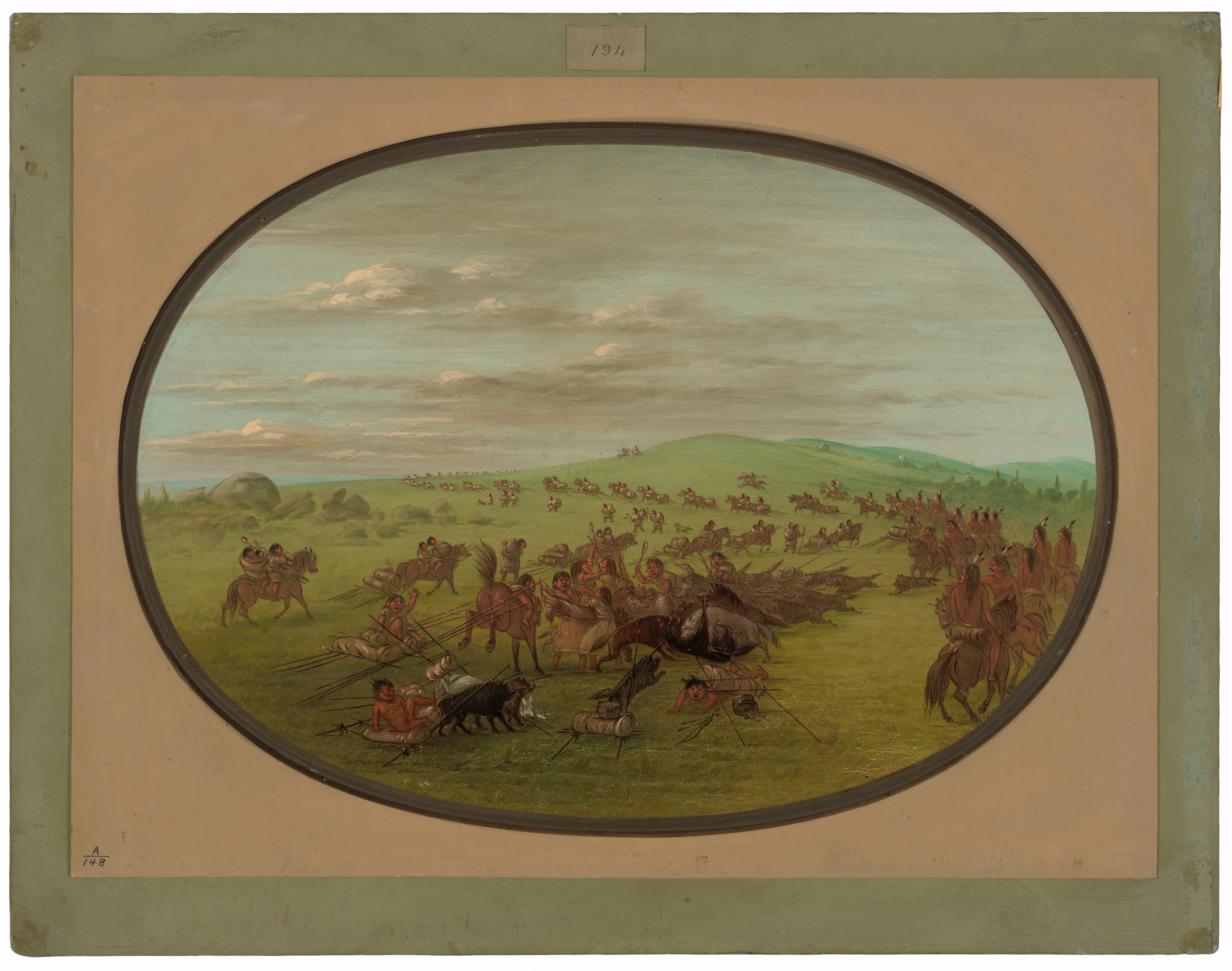 The image shows a wide view over a grassy plain, with a high horizon line and groups of figures and horses in the distance. Close by, numerous people, most on horseback, engage in coordinated activities. They wear traditional clothing and appear to be involved in a hunt. The painting features fine, detailed brushstrokes and a color palette of green, brown, red, and earth tones, under a sky of soft blues and grays with scattered clouds.