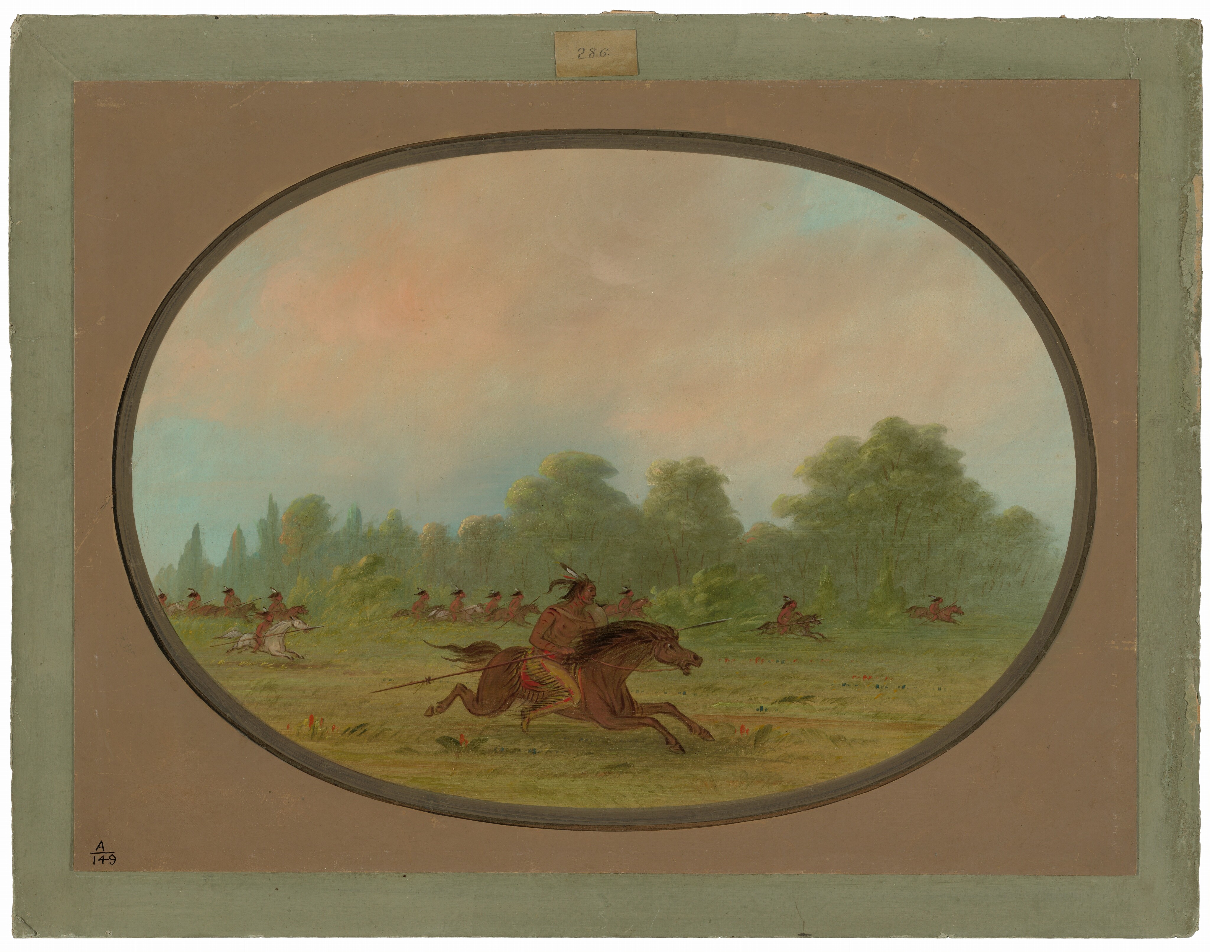 The painting depicts a scene with an elevated perspective overlooking a vast landscape. The horizon is positioned in the upper third of the image with trees fading into the distance. In the foreground, a figure on horseback is galloping, while other figures on horseback are scattered throughout the meadow. The brushstrokes are smooth, creating a soft ambiance. The color palette includes earthy greens, browns, and muted reds. The sky transitions from blues to pinkish hues, adding to the tranquil background.