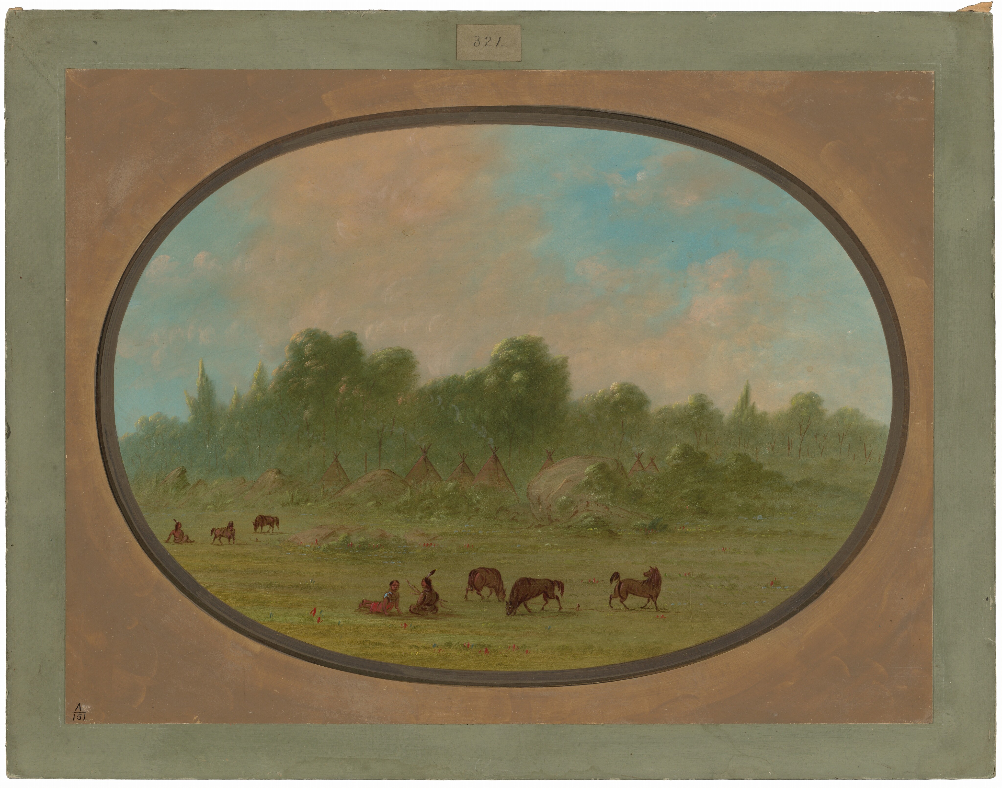 The image is viewed from a slightly elevated point of view. The horizon line is positioned in the upper third of the image where trees meet the sky, with teepees nestled at the base. Delicate brushstrokes are used, particularly in the depiction of the sky, which blends blue and peach tones. The scene is painted in warm colors, with greens for the grass and trees, browns for the horses, and reds in the grass. There are figures near horses and open grasslands leading to trees and teepees in the distance.