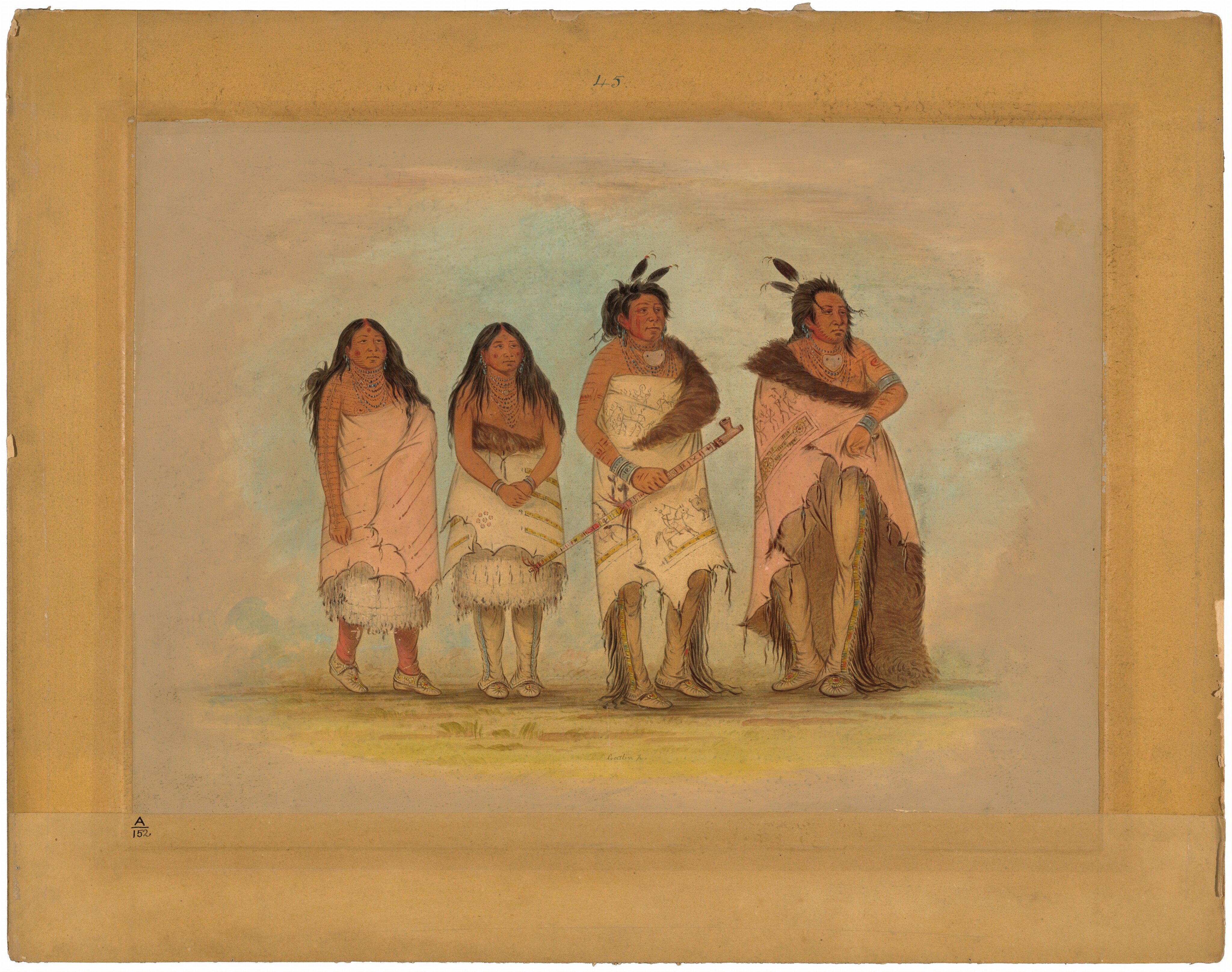 The image displays four individuals standing side by side. Each person is standing upright, facing forward. The two figures on the left have long, dark hair, and the two on the right have shorter hair adorned with feathers. The individuals wear garments made of animal hides or traditional materials, with fur trimmings. Some of the clothing features decorative patterns, including one figure holding a long, decorated object that resembles a pipe. All four individuals wear necklaces, and one has armbands. The background is a blend of soft earth tones. The image is bordered by a tan frame.