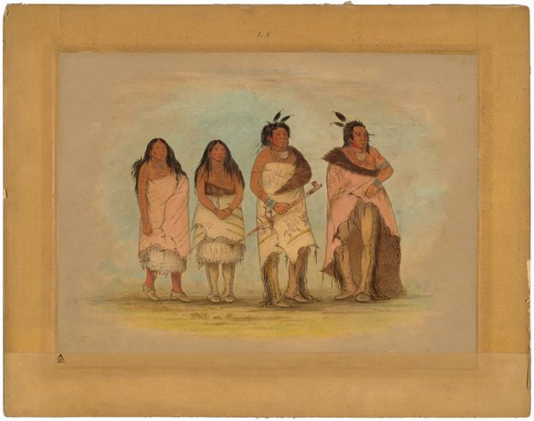 The image displays four individuals standing side by side. Each person is standing upright, facing forward. The two figures on the left have long, dark hair, and the two on the right have shorter hair adorned with feathers. The individuals wear garments made of animal hides or traditional materials, with fur trimmings. Some of the clothing features decorative patterns, including one figure holding a long, decorated object that resembles a pipe. All four individuals wear necklaces, and one has armbands. The background is a blend of soft earth tones. The image is bordered by a tan frame.