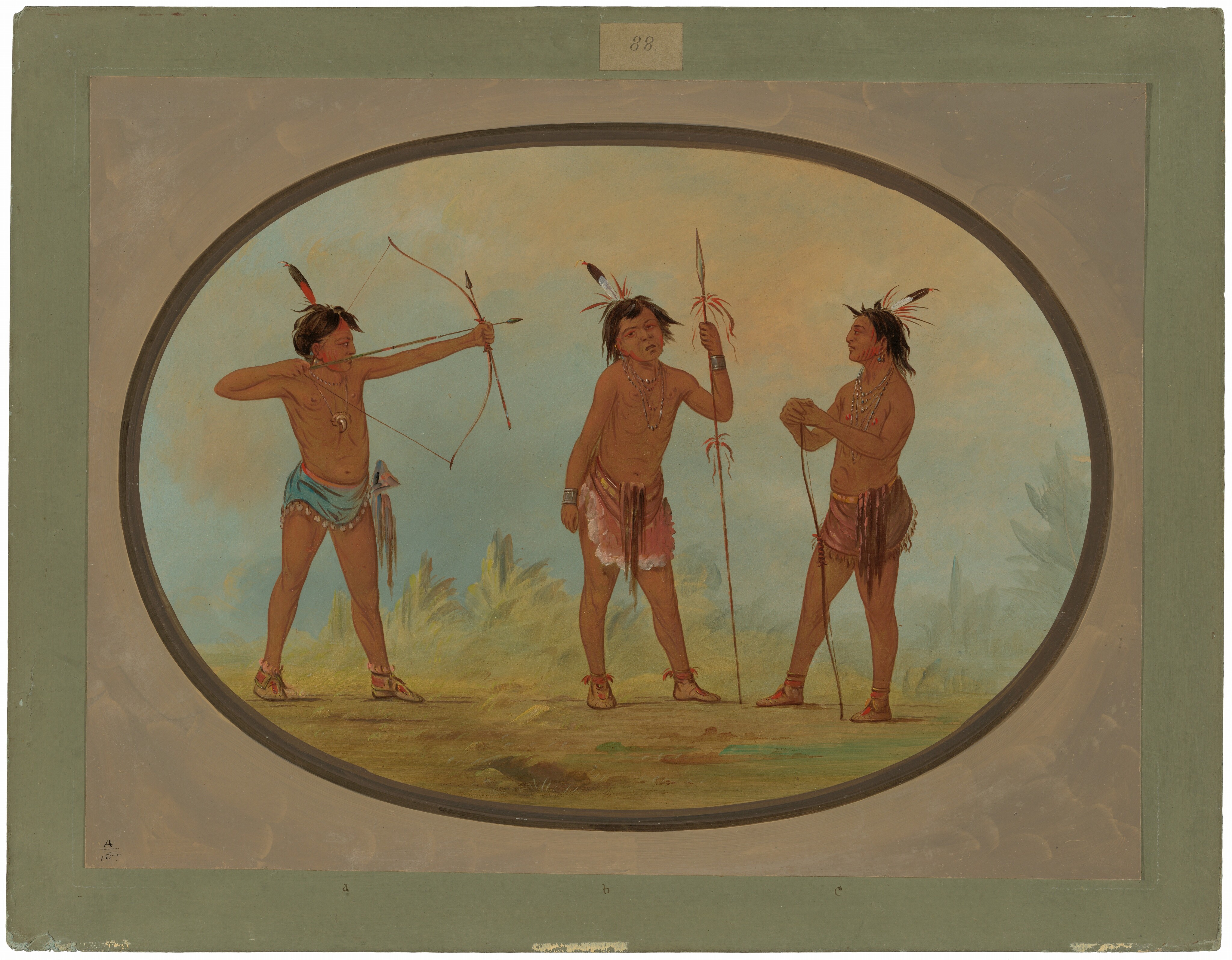The image shows three individuals standing in a natural setting. The person on the left is pulling back an arrow in a bow, positioned to aim. They have a short hairstyle with feathers in their hair and wear a light blue loincloth with a sash and bracelets. The central figure is standing with legs apart, holding a spear upright and looking to their left. They have medium-length hair with feathers, necklaces, and wear a reddish-brown loincloth. The figure on the right stands relaxed, looking toward the central figure, and holds what appears to be a whip or rope. This person also has feathers in their hair, necklaces, and wears a reddish-brown loincloth. In the background, trees and plants are visible, painted in soft earth tones. The scene is framed within an oval border, set against a greenish-gray rectangular background.