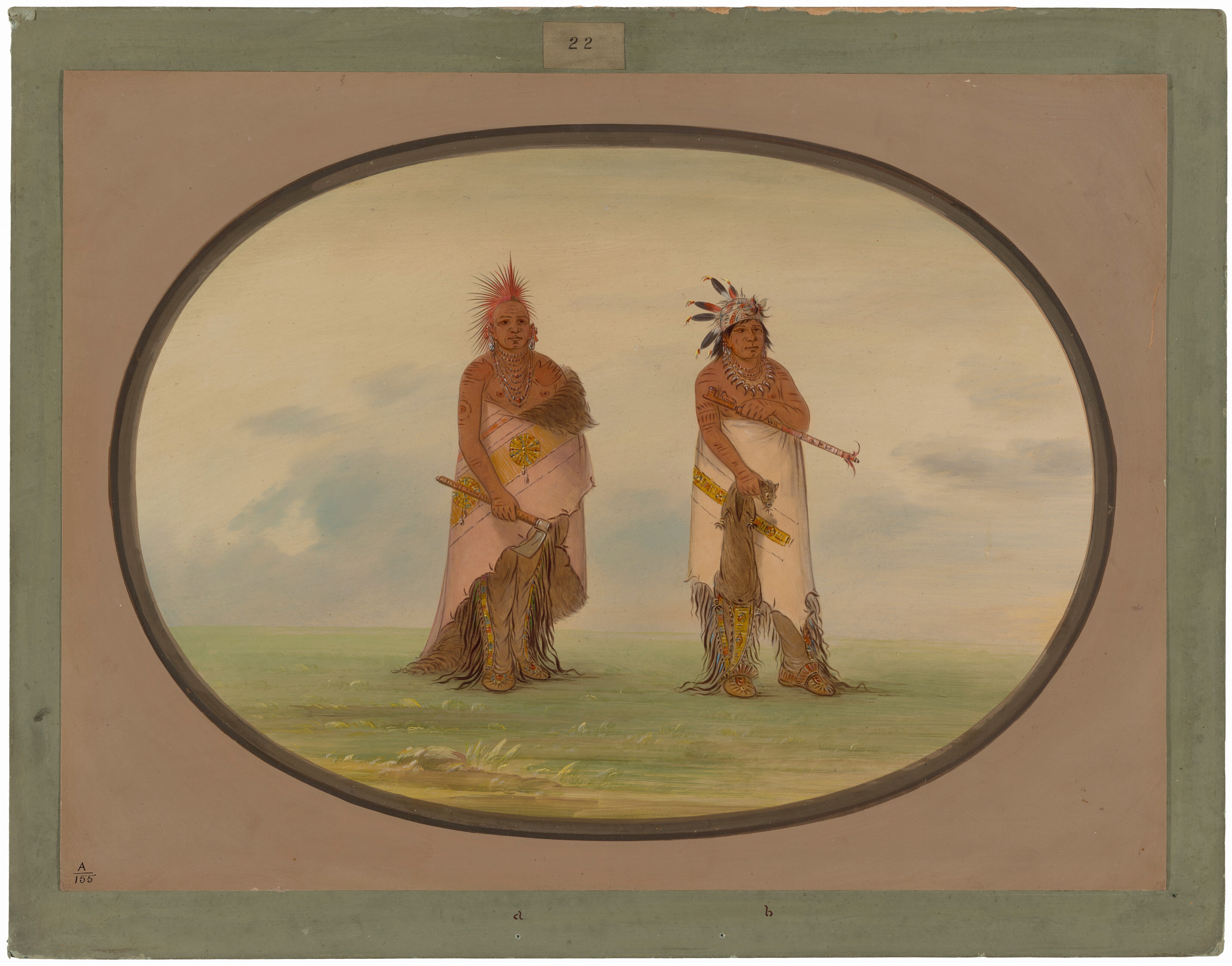 The image shows two individuals standing upright on a grassy landscape. The person on the left has reddish hair styled in a mohawk, facial markings, a necklace and earrings, a light-colored cloak, and fringed pants. They hold an axe with a decorative handle. The person on the right has dark hair with feathers, facial markings, a large necklace, a detailed garment, and they hold a staff. The background features a clear sky with scattered clouds.