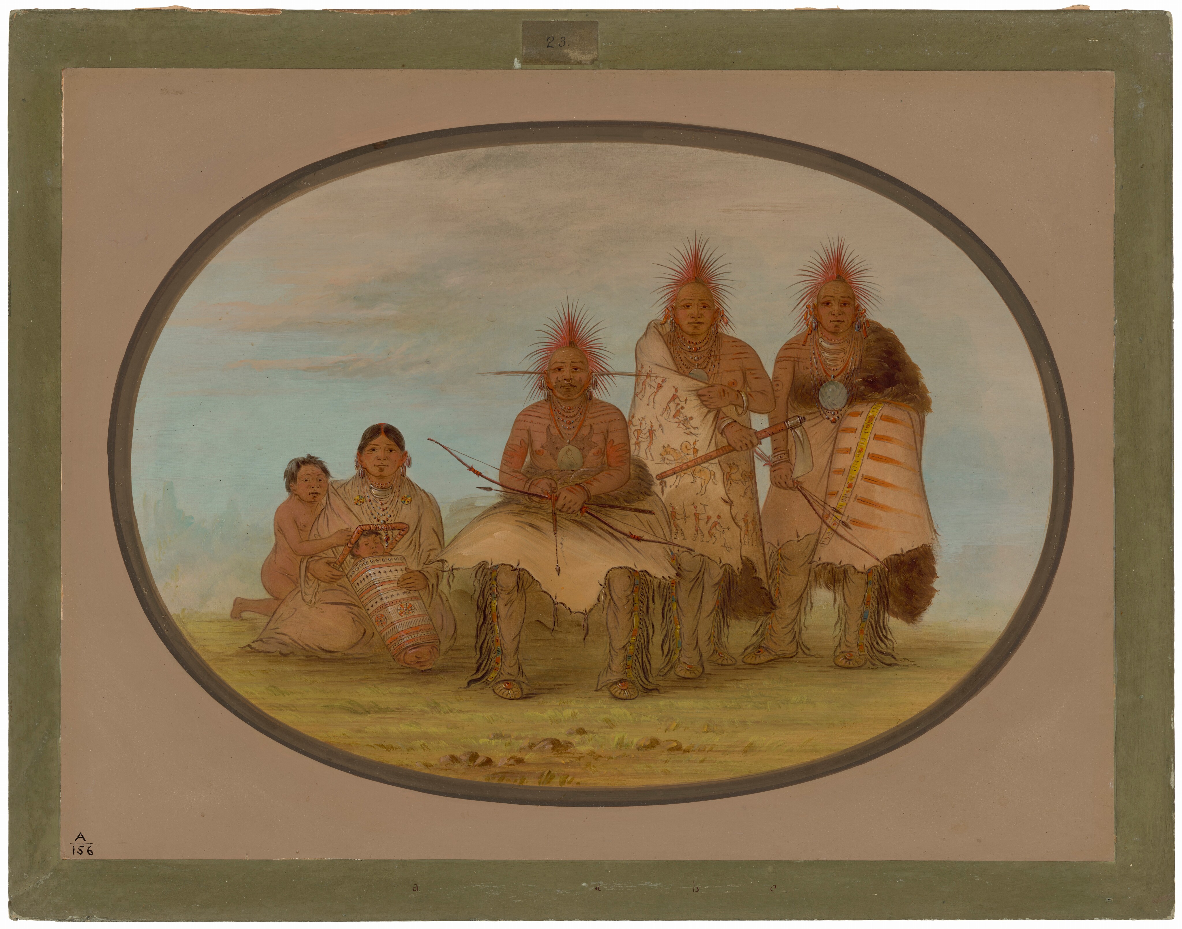 The image depicts six people, all facing the viewer. On the left, a woman sits on the ground. A naked child is partially visible behind her on the left, and in front of her she holds a younger child in a decorated carrier with a square handle. On the right are three men, one sitting and the other two standing. The seated man is in the center of the painting, and he holds a bow and two arrows. The next man on the right holds an axe or similar weapon, and the third man on the right also holds a bow and two arrows. All of the people have light brown skin, and the woman and children have black hair. The men have no visible hair, but instead appear to wear headdresses of long, thin red fibers or feathers that radiate outward from the backs of their heads. The seated man also has long horizontal feathers or fibers extending on either side of his head. The men and woman are all adorned with jewelry, including layers of colorful necklaces, silver bracelets, and several earrings in each ear. The woman wears a long-sleeved tan dress, while the men have fur-lined tan garments draped around their torsos and tan pants with colorful beads and fringe. Their garments are painted with scenes of people on horseback or colorful geometric patterns. The men also have tattoos on their arms and torsos. The seated man has red handprints on his upper arms, and the dark outlines of a bull's head on his chest and face. He has a hooped ring in his nose. The background shows a blue sky and grassy ground. The painting is framed in a gray oval border with tan paper beyond it and a green outer frame.