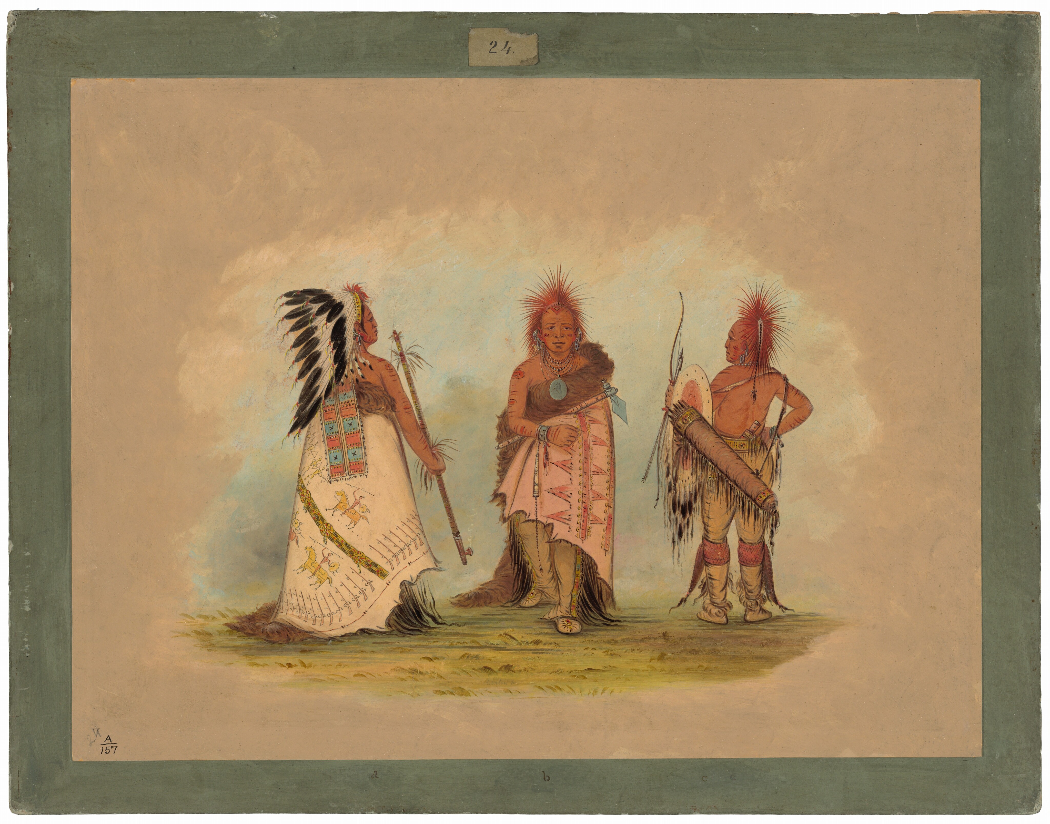 The image shows three individuals standing in full-length. The person on the left is holding a staff and wearing a feathered headdress and a robe with intricate designs. The central figure wears a robe fastened with a fur shawl, has a red mohawk hairstyle and holds a staff. The person on the right stands with a shield and a cylindrical object on their back. They all stand on a grassy patch with a light background, framed by a narrow pale green border.