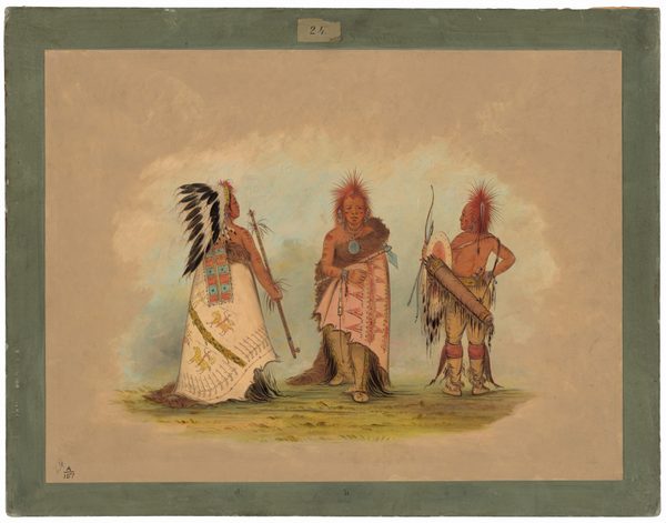 The image shows three individuals standing in full-length. The person on the left is holding a staff and wearing a feathered headdress and a robe with intricate designs. The central figure wears a robe fastened with a fur shawl, has a red mohawk hairstyle and holds a staff. The person on the right stands with a shield and a cylindrical object on their back. They all stand on a grassy patch with a light background, framed by a narrow pale green border.