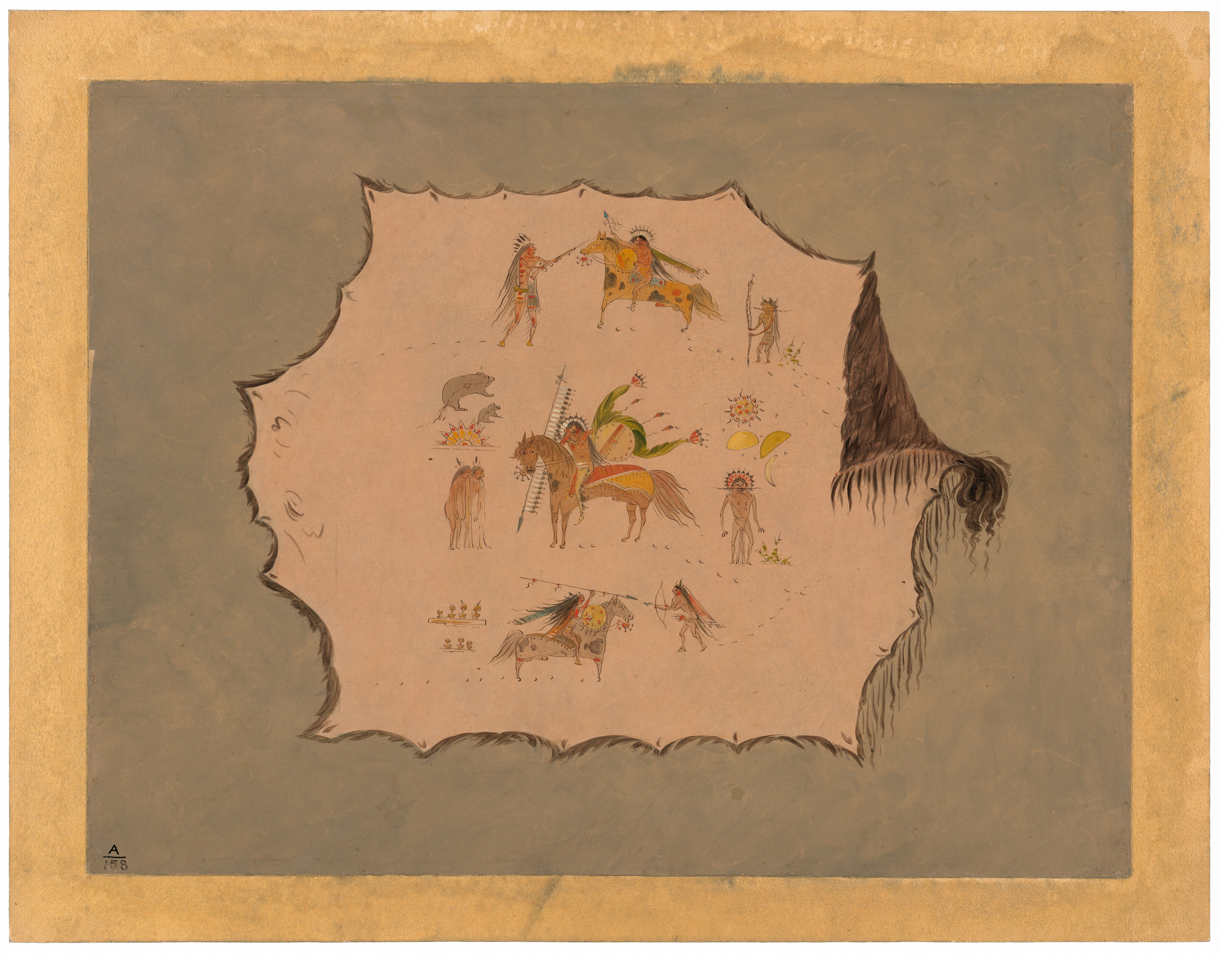 This is a painting of traditional indigenous imagery on a stretched hide. The artwork depicts stylized figures and scenes, including figures in traditional attire, adorned horses, motifs like a bear and geometric designs. The hide's edges are curling and uneven, indicating its natural origin. This style is reminiscent of indigenous ledger art, which historically used materials like hides for visual storytelling. The background is neutral, enhancing the contrast and detail of the painted scenes on the hide.