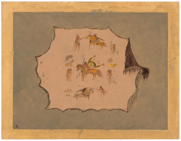 This is a painting of traditional indigenous imagery on a stretched hide. The artwork depicts stylized figures and scenes, including figures in traditional attire, adorned horses, motifs like a bear and geometric designs. The hide's edges are curling and uneven, indicating its natural origin. This style is reminiscent of indigenous ledger art, which historically used materials like hides for visual storytelling. The background is neutral, enhancing the contrast and detail of the painted scenes on the hide.