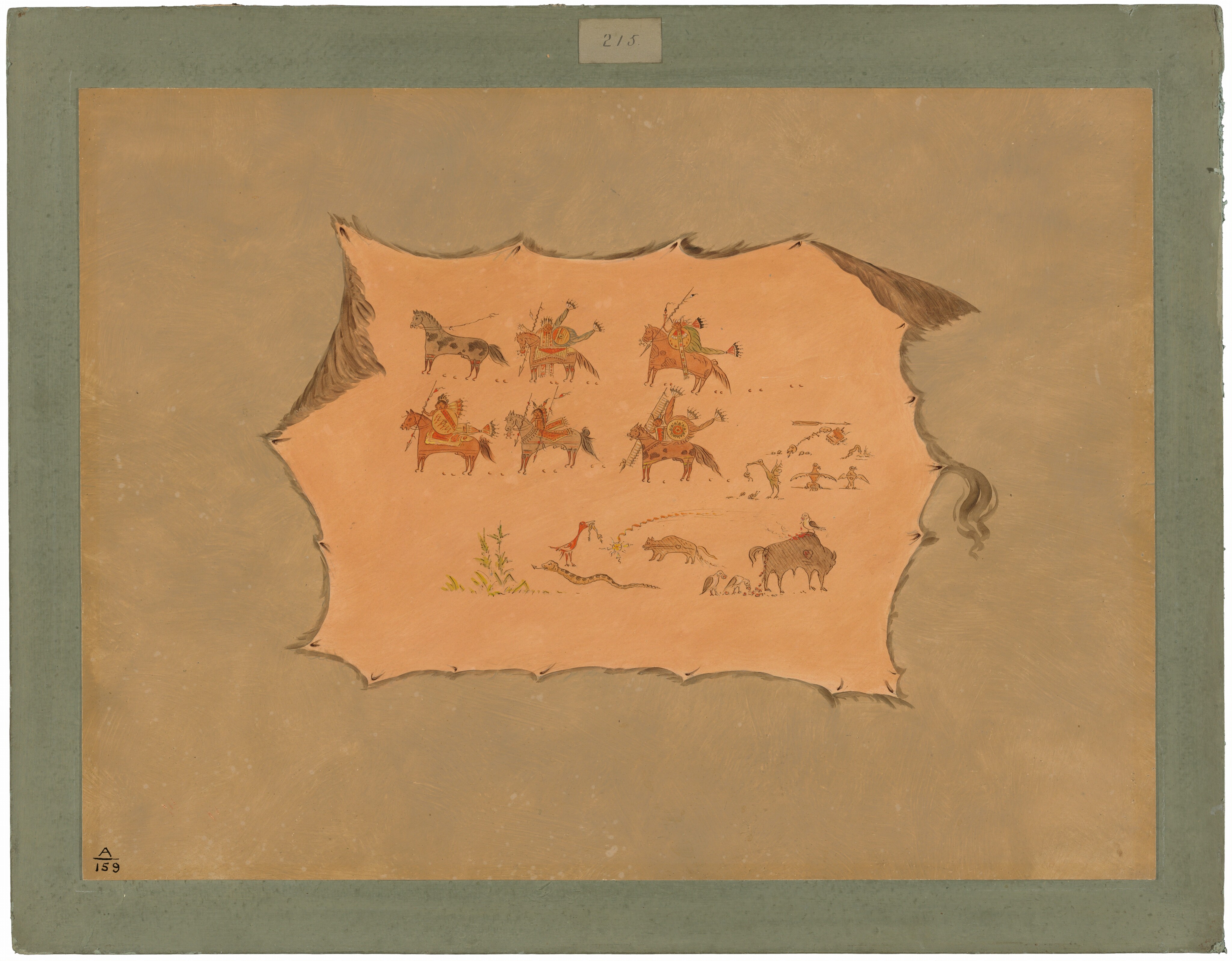 This is a painting of scenes involving horses and buffalo on a leather-like backdrop. The painting appears to be executed on a surface resembling animal hide, framed within a border. The central area contains intricate drawings of mounted warriors and animals. There are figures riding horses, adorned with decorations, and scenes that suggest a narrative element. Below, there are animals such as wolves and a buffalo near a plant or bush. The painting's style is reminiscent of traditional Native American art, focusing on the relationship between humans, animals, and their surroundings.