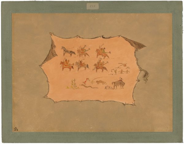 This is a painting of scenes involving horses and buffalo on a leather-like backdrop. The painting appears to be executed on a surface resembling animal hide, framed within a border. The central area contains intricate drawings of mounted warriors and animals. There are figures riding horses, adorned with decorations, and scenes that suggest a narrative element. Below, there are animals such as wolves and a buffalo near a plant or bush. The painting's style is reminiscent of traditional Native American art, focusing on the relationship between humans, animals, and their surroundings.