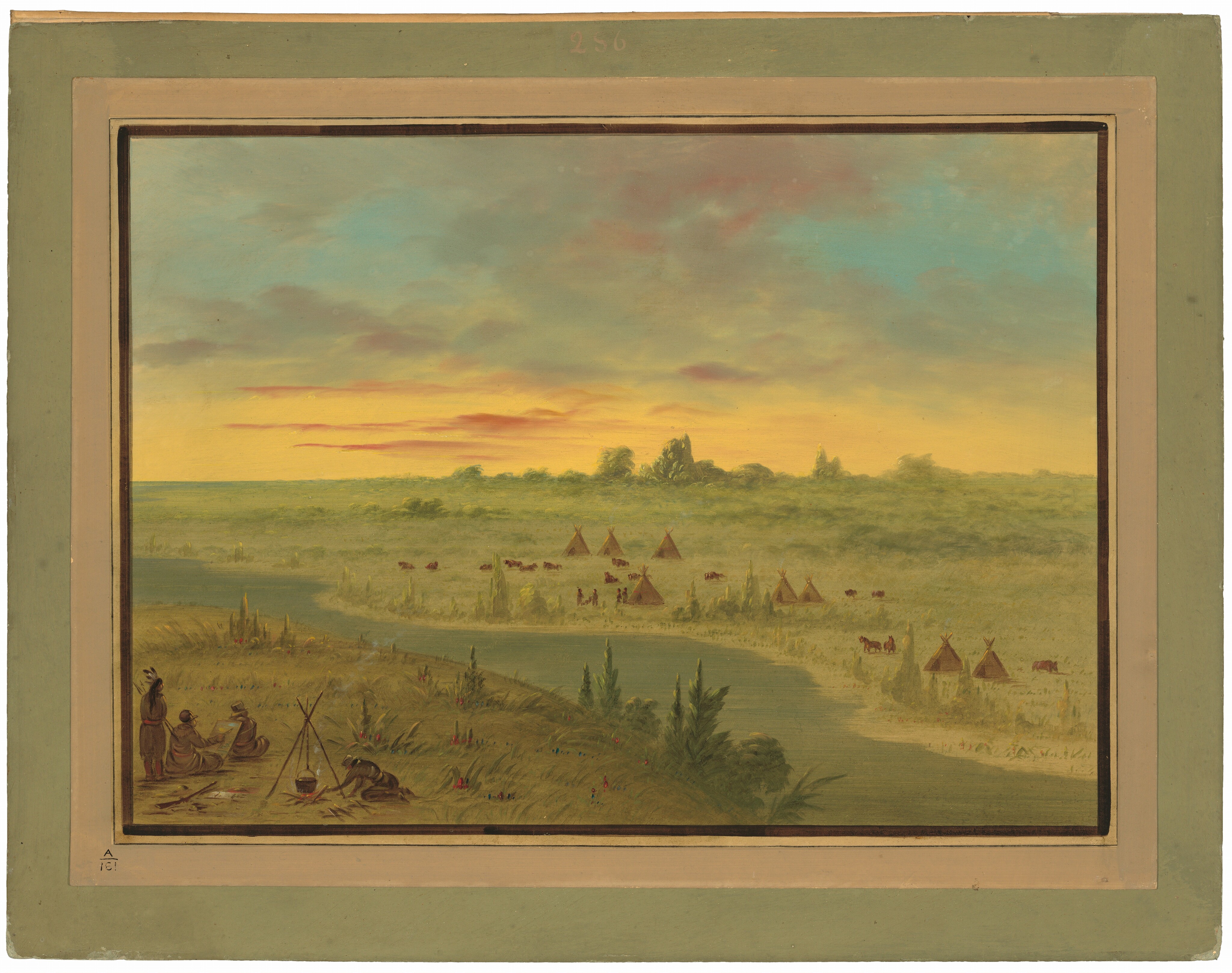 The painting depicts a landscape with a group of people around a campfire, tipis on a hill, and grazing animals. The sky shows a blend of vibrant colors suggesting a setting or rising sun. The color palette includes earth tones and warm sky hues creating a peaceful rural setting.