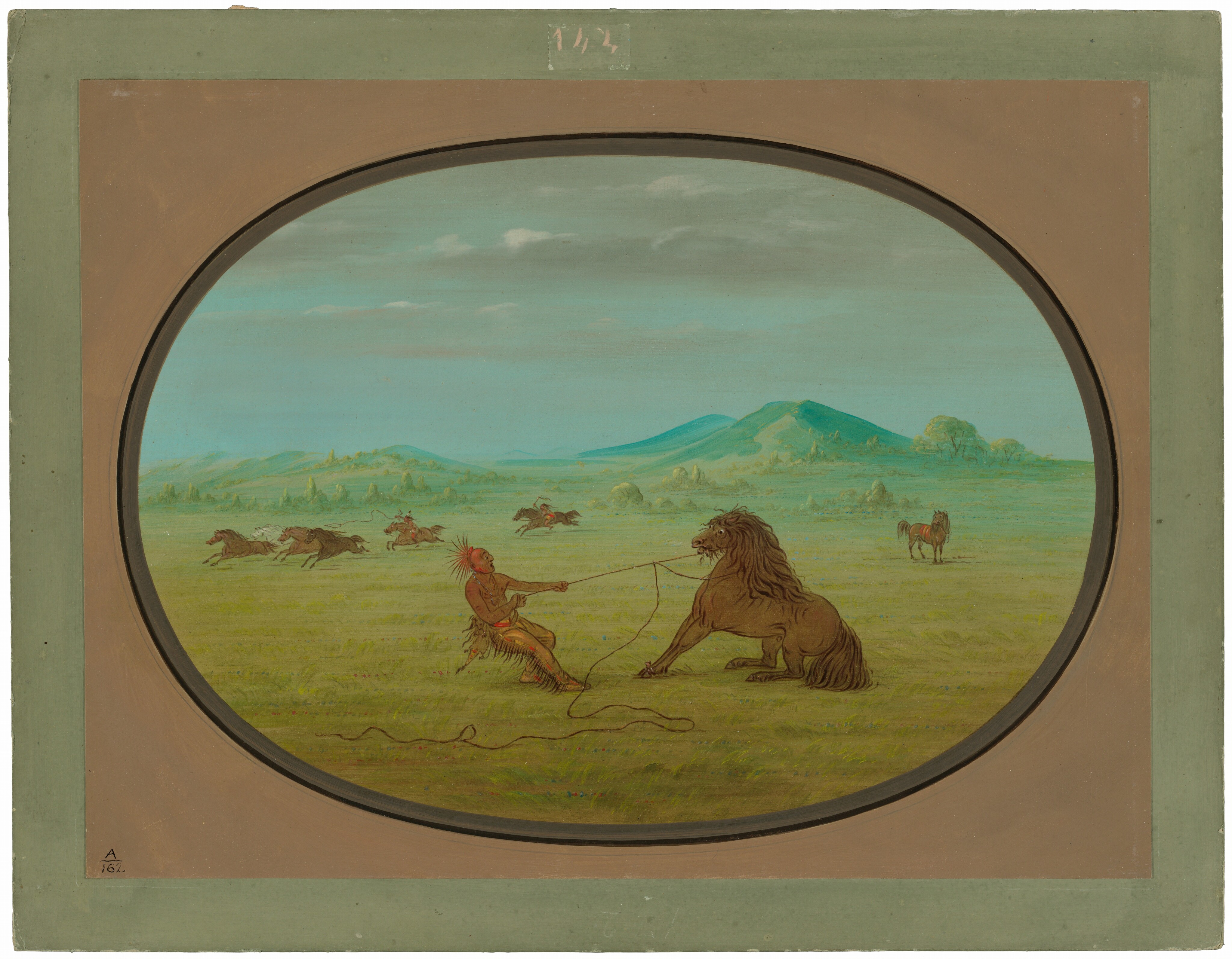 The image shows a wide expanse of land with a horizon featuring rolling hills or small mountains and sparse trees. In the foreground, a person in traditional indigenous attire is pulling on a rope tethered to a resisting horse. Several horses gallop energetically in the distance, while another horse stands alone to the right. The brushstrokes are detailed, capturing textures, and the color palette consists of earthy tones. The sky is light blue with occasional white clouds.
