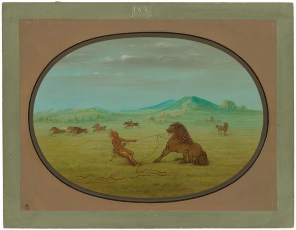 The image shows a wide expanse of land with a horizon featuring rolling hills or small mountains and sparse trees. In the foreground, a person in traditional indigenous attire is pulling on a rope tethered to a resisting horse. Several horses gallop energetically in the distance, while another horse stands alone to the right. The brushstrokes are detailed, capturing textures, and the color palette consists of earthy tones. The sky is light blue with occasional white clouds.