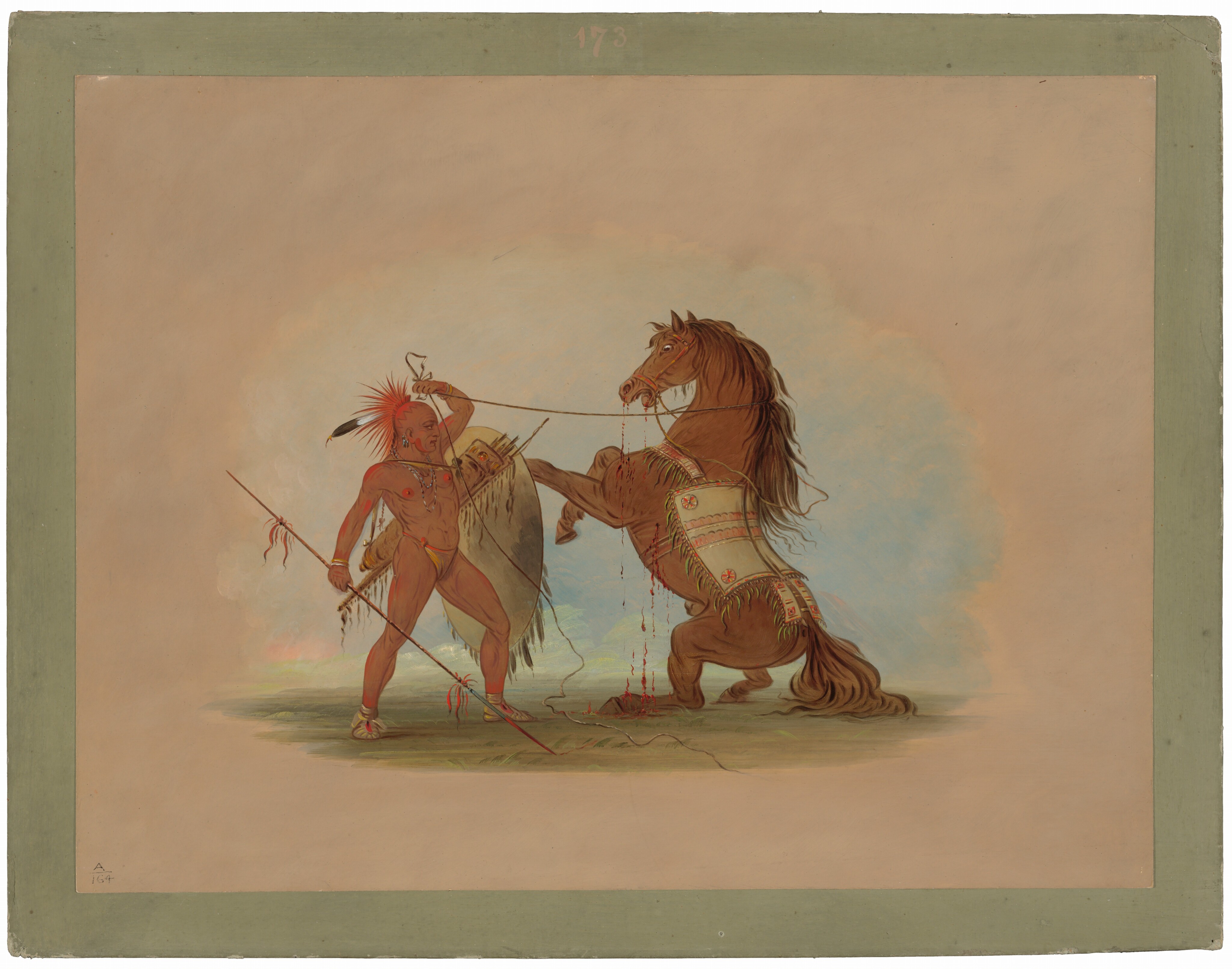 This is a painting of a warrior and a horse. The image shows a warrior with traditional attire engaged with a rearing horse. The warrior is holding a spear and shield. The horse has detailed muscular features and an ornate saddle blanket. The background is minimal to highlight the interaction. The composition emphasizes movement and traditional cultural elements. This is in style of Karl Bodmer.