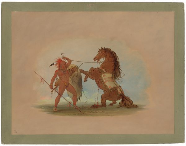 This is a painting of a warrior and a horse. The image shows a warrior with traditional attire engaged with a rearing horse. The warrior is holding a spear and shield. The horse has detailed muscular features and an ornate saddle blanket. The background is minimal to highlight the interaction. The composition emphasizes movement and traditional cultural elements. This is in style of Karl Bodmer.