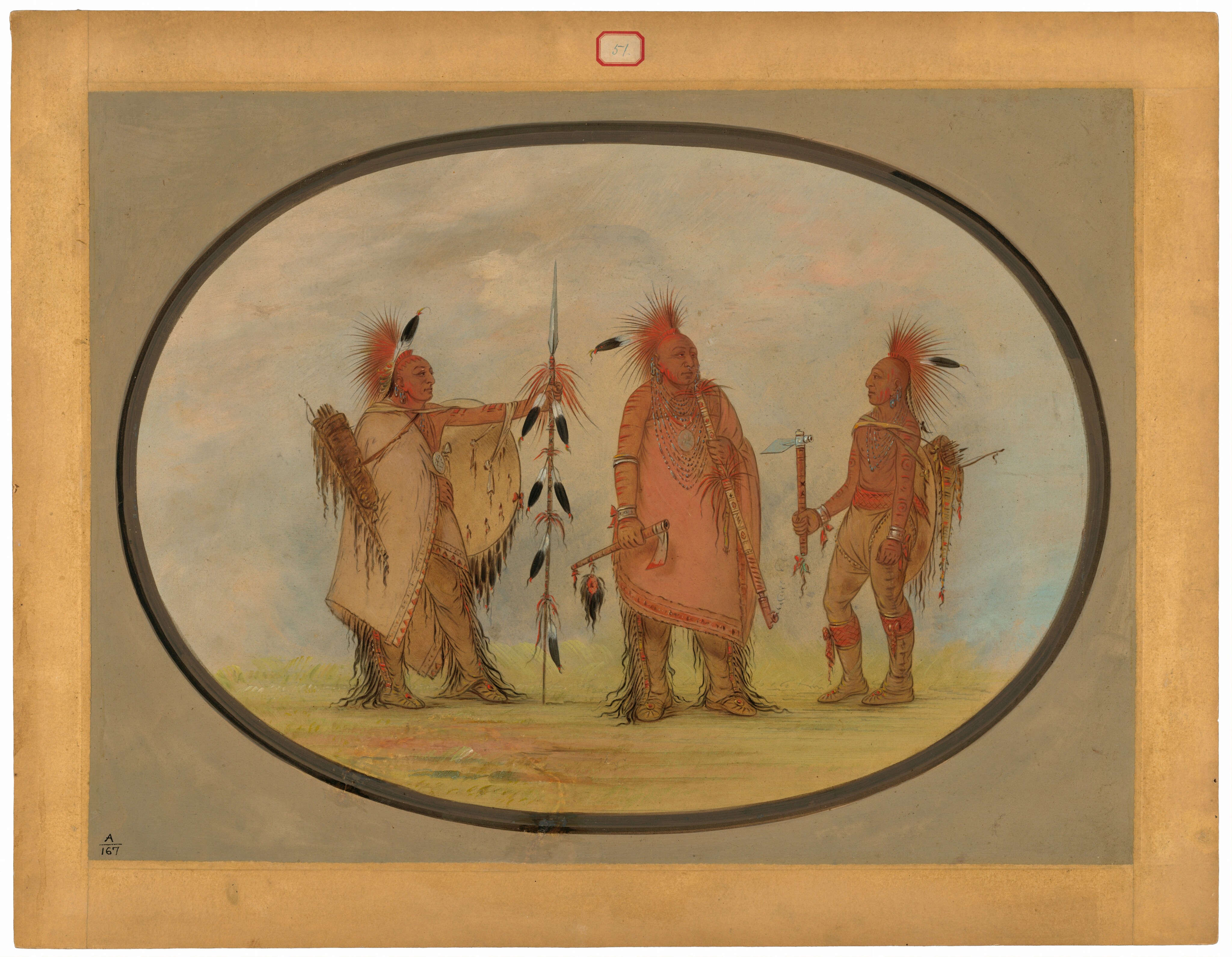 The image shows three Native American individuals standing outdoors. Their full bodies are captured in a standing position. The person on the left is dressed in a fringed and beaded robe and is holding a long spear decorated with feathers. This individual has a distinct headpiece with feathers pointing upwards and is depicted with a quiver bag over their shoulder. The central figure wears a long, elaborately beaded tunic, a bold necklace, and holds an axe. They display a headpiece similar to the left figure, with strong cheekbones and an engaged expression. The person on the right wears a red shirt with intricate design and fringed pants, holding another axe. This individual also wears a feathered headpiece, necklaces, and other decorative elements. All three individuals are set against a pale, open background of sky and ground, with faint blue and green tones suggesting a grassy plain on a softly clouded day. The scene is framed in an oval shape, with a parchment border surrounding it.