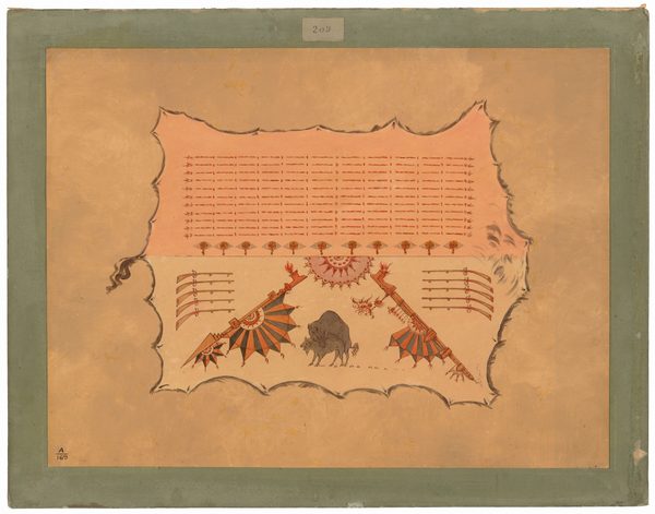 This is a painting of a Native American ledger-style artwork featuring various symbols and a buffalo. The painting is created on a background resembling tanned animal hide, bordered in a soft greenish-gray. Within this frame, the central portion is filled with numerous rows of small, horizontal red lines across the upper half. Below these lines are symbols and geometric patterns, including rows of triangular motifs and concentric circles. On the lower half, there are detailed depictions of two ornate tipi structures with long poles extending from their apexes, adorned in bright orange and red designs. Between and behind the tipis, there is a large buffalo.