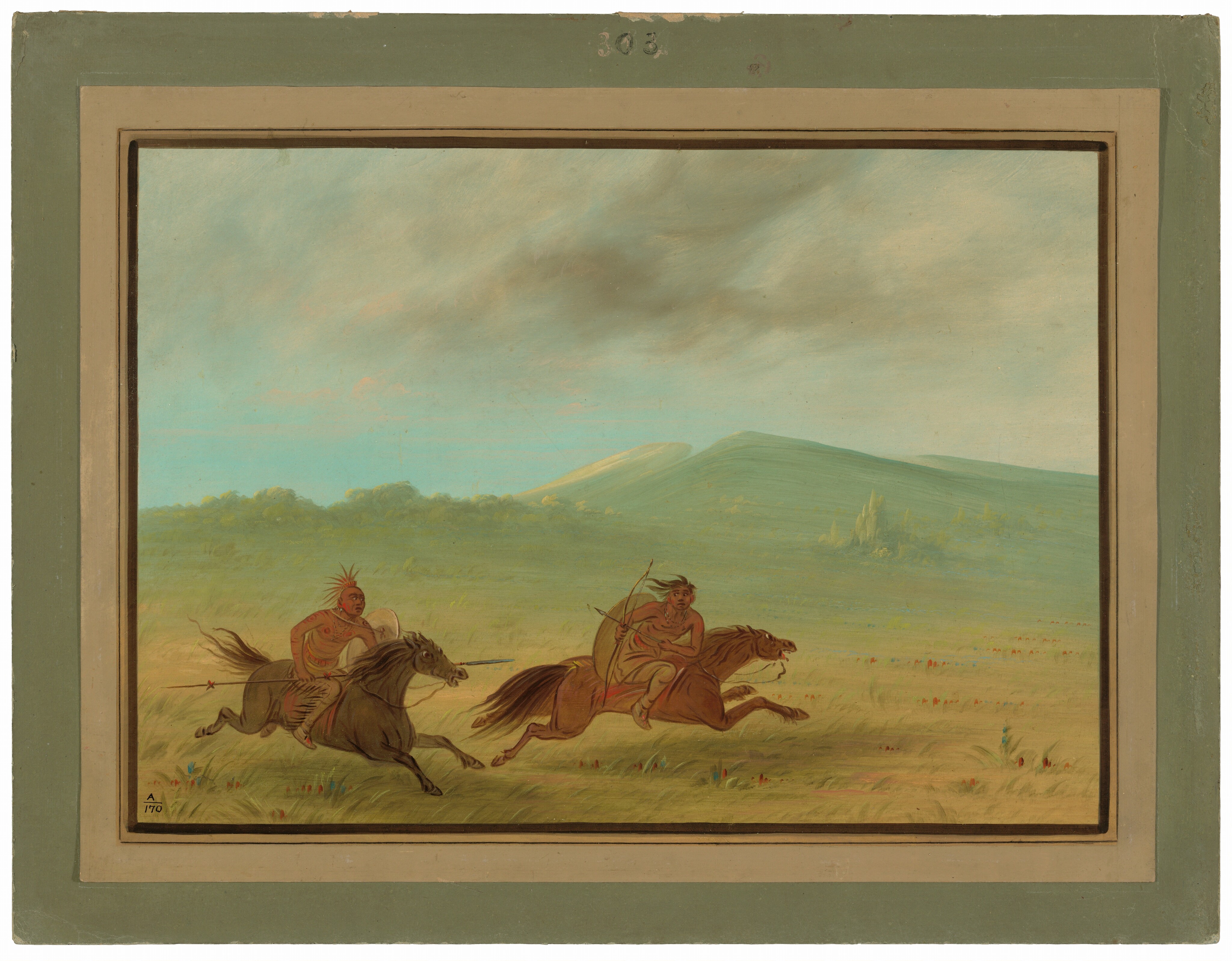 The painting shows two figures riding on horseback from left to right across an open landscape. The composition features a horizon dividing grassy plains from hills in the background. The brushstrokes are detailed, portraying a sense of motion in the figures. The color palette includes warm earth tones for the figures, horses, and nearby surroundings, contrasted with softer greens and yellows in the landscape. The sky is depicted in a gentle blue with streaks of cloud.
