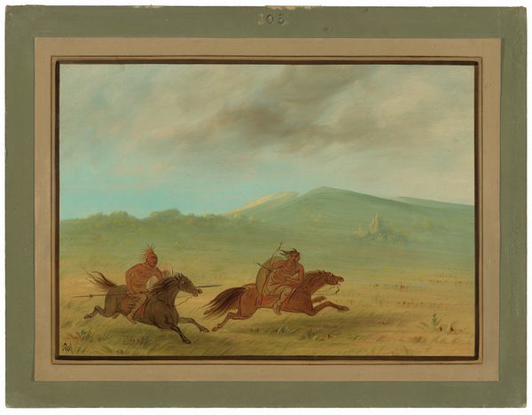 The painting shows two figures riding on horseback from left to right across an open landscape. The composition features a horizon dividing grassy plains from hills in the background. The brushstrokes are detailed, portraying a sense of motion in the figures. The color palette includes warm earth tones for the figures, horses, and nearby surroundings, contrasted with softer greens and yellows in the landscape. The sky is depicted in a gentle blue with streaks of cloud.